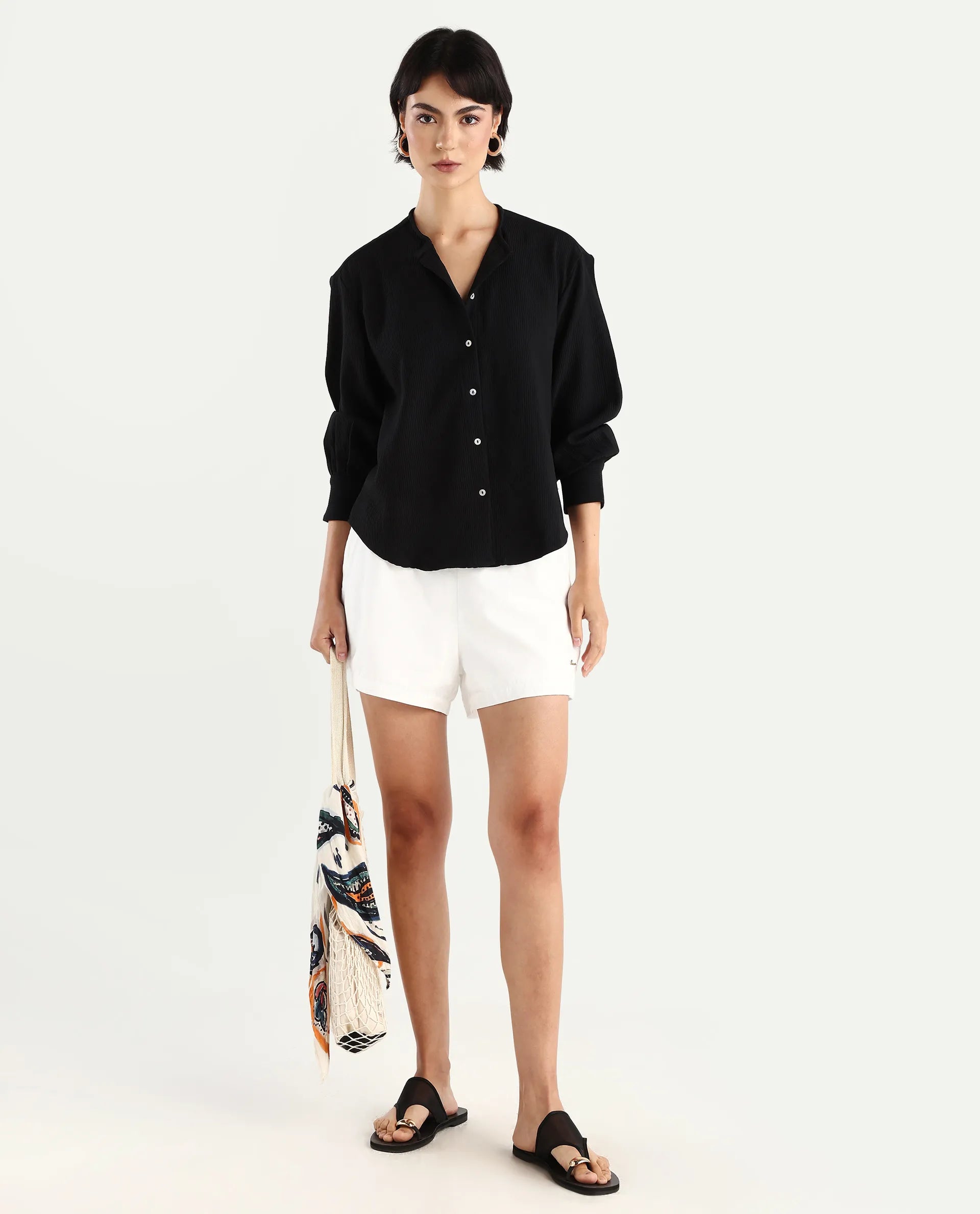 Rareism Women's Chantrey Black Cotton Crew Neck Plain Cuffed Sleeve Regular Fit Top