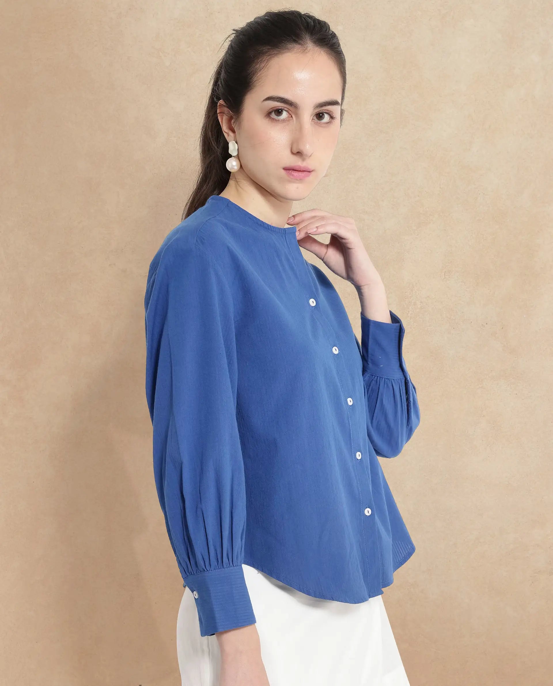 Rareism Women's Chantreyo Blue Cotton Blend Mandarin Collar Striped Cuffed Sleeve Regular Fit Top