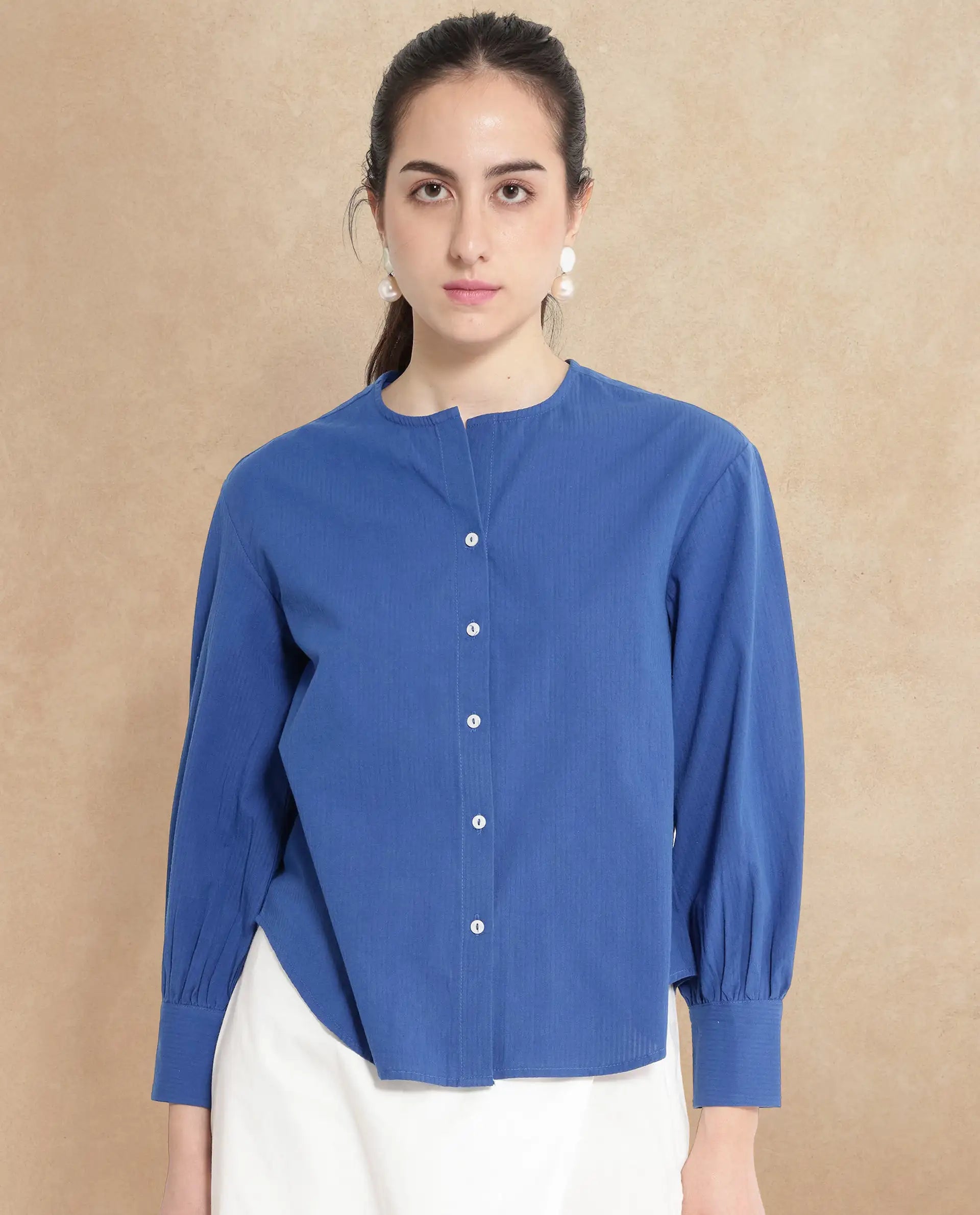 Rareism Women's Chantreyo Blue Cotton Blend Mandarin Collar Striped Cuffed Sleeve Regular Fit Top