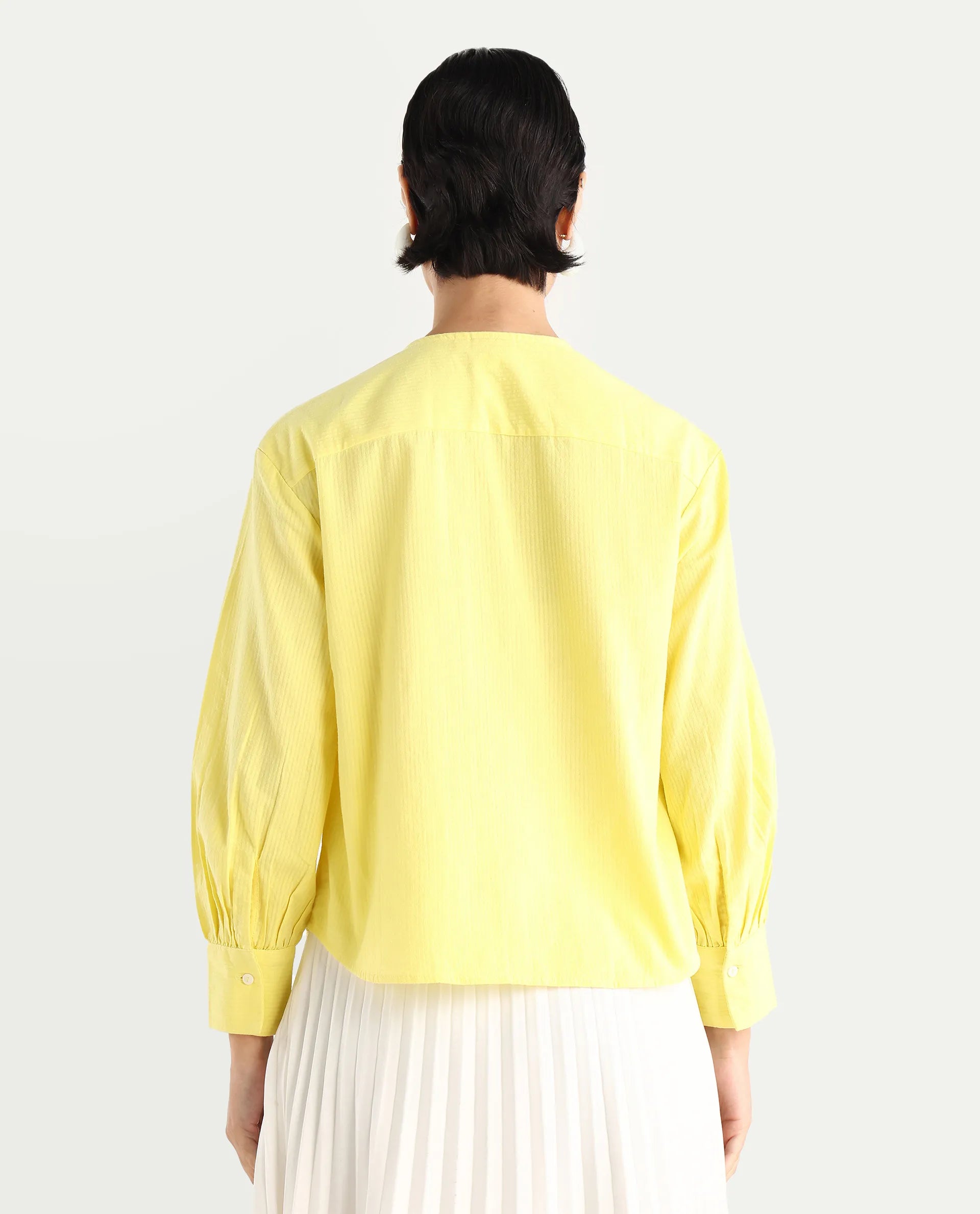 Rareism Women's Chantreyo Yellow Cotton Blend Mandarin Collar Striped Cuffed Sleeve Regular Fit Top