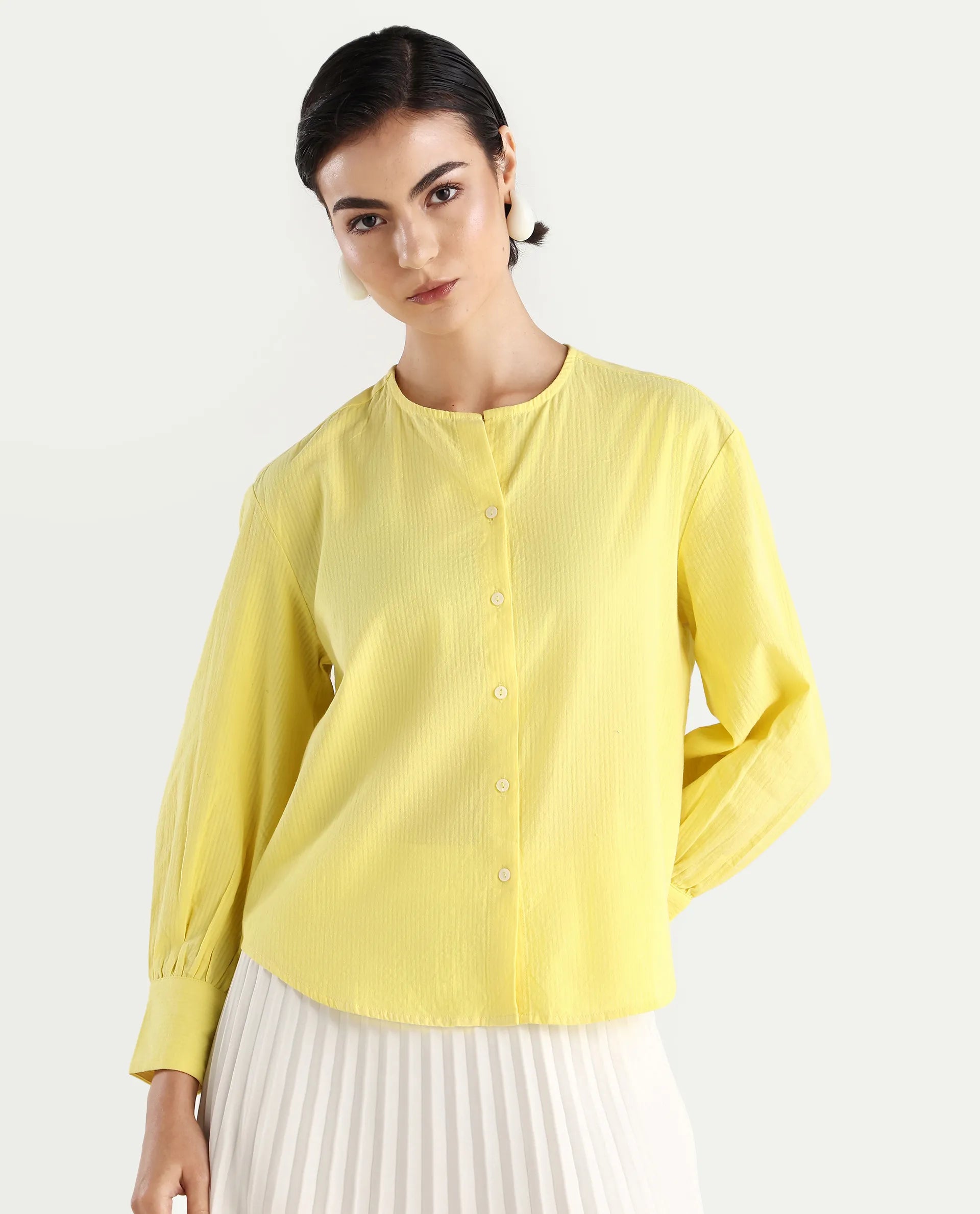 Rareism Women's Chantreyo Yellow Cotton Blend Mandarin Collar Striped Cuffed Sleeve Regular Fit Top