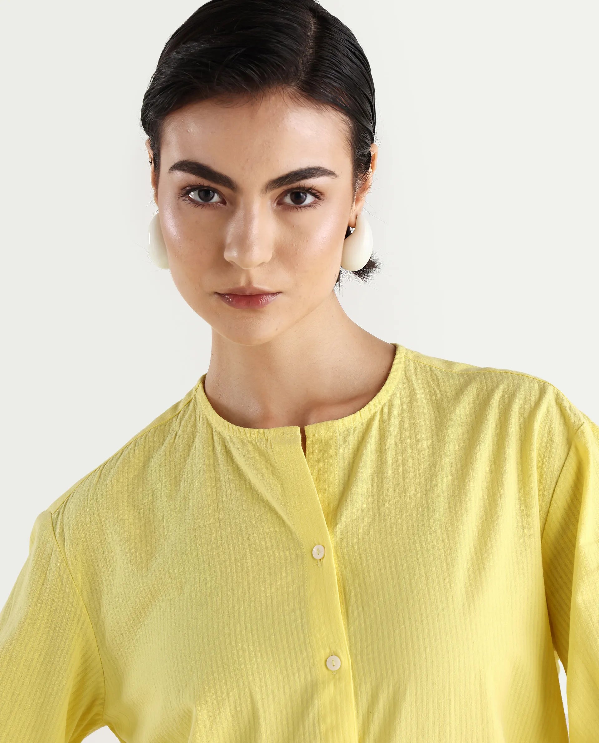 Rareism Women's Chantreyo Yellow Cotton Blend Mandarin Collar Striped Cuffed Sleeve Regular Fit Top