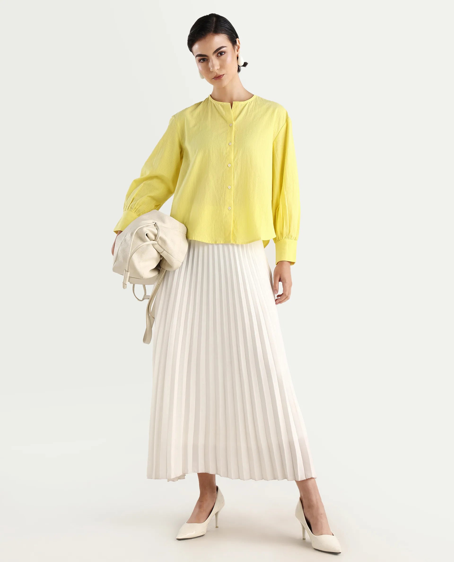 Rareism Women's Chantreyo Yellow Cotton Blend Mandarin Collar Striped Cuffed Sleeve Regular Fit Top