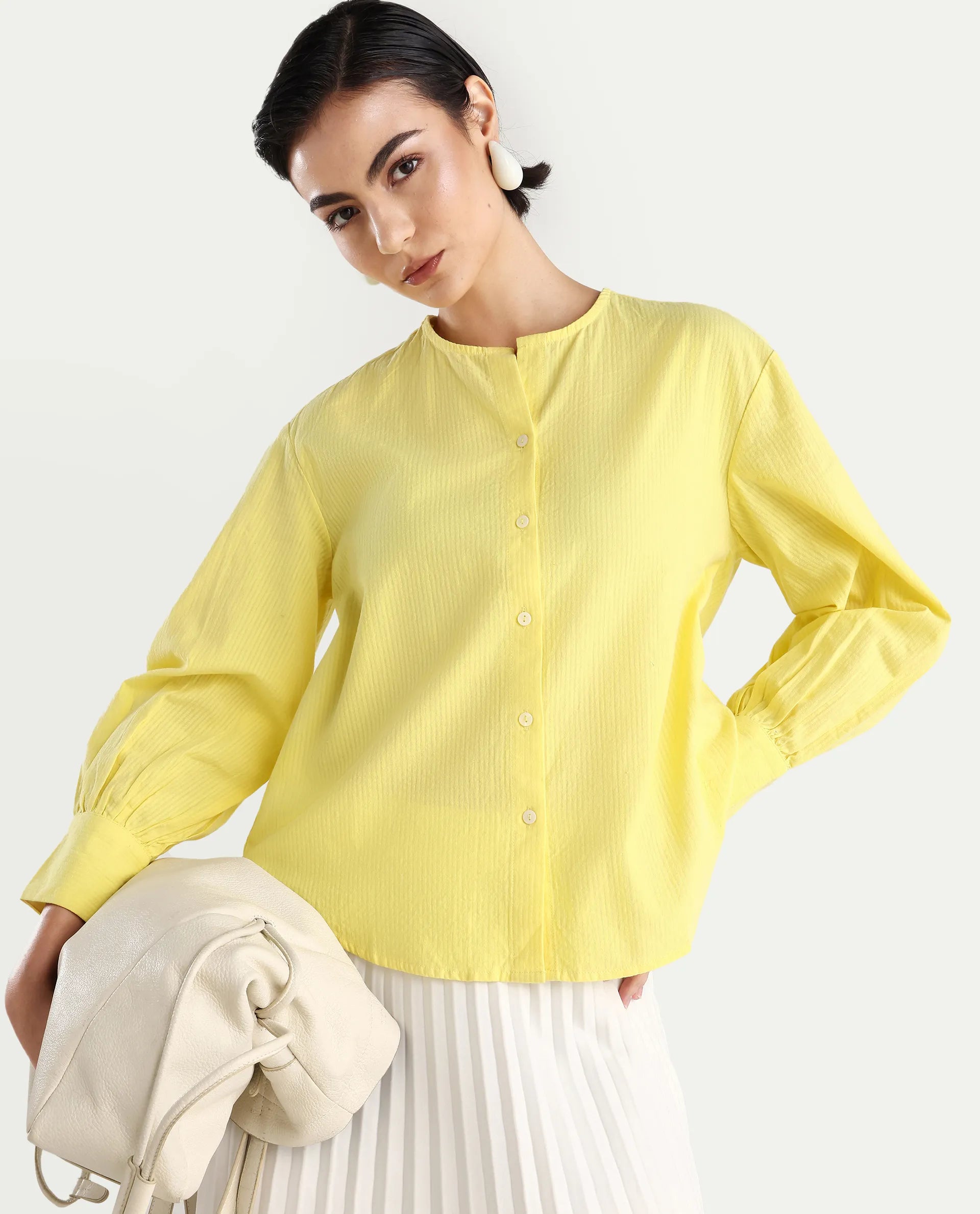 Rareism Women's Chantreyo Yellow Cotton Blend Mandarin Collar Striped Cuffed Sleeve Regular Fit Top