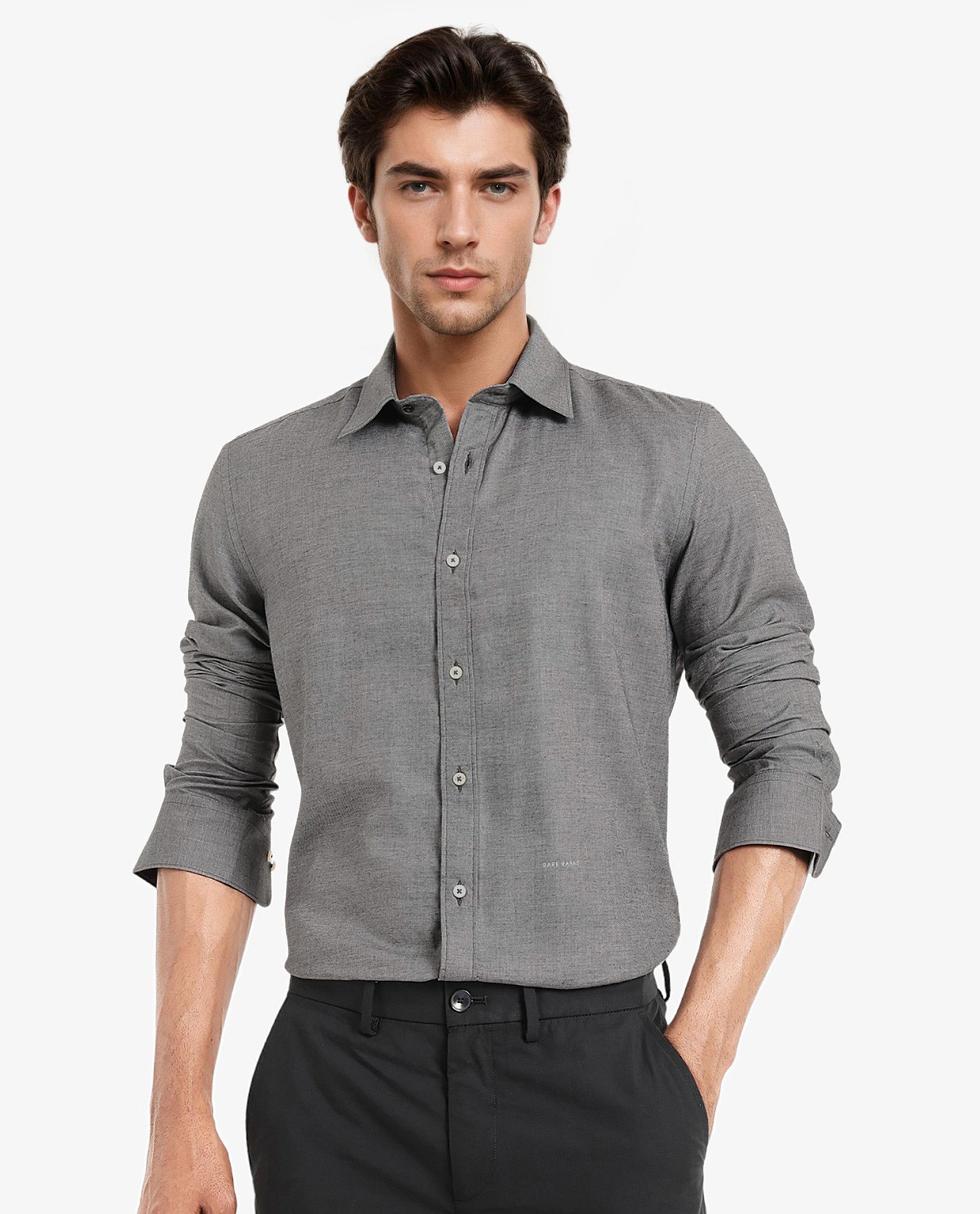 Rare Rabbit Men's Chapelle Black Cotton Lyocell Fabric Full Sleeves Regular Fit Plain Shirt