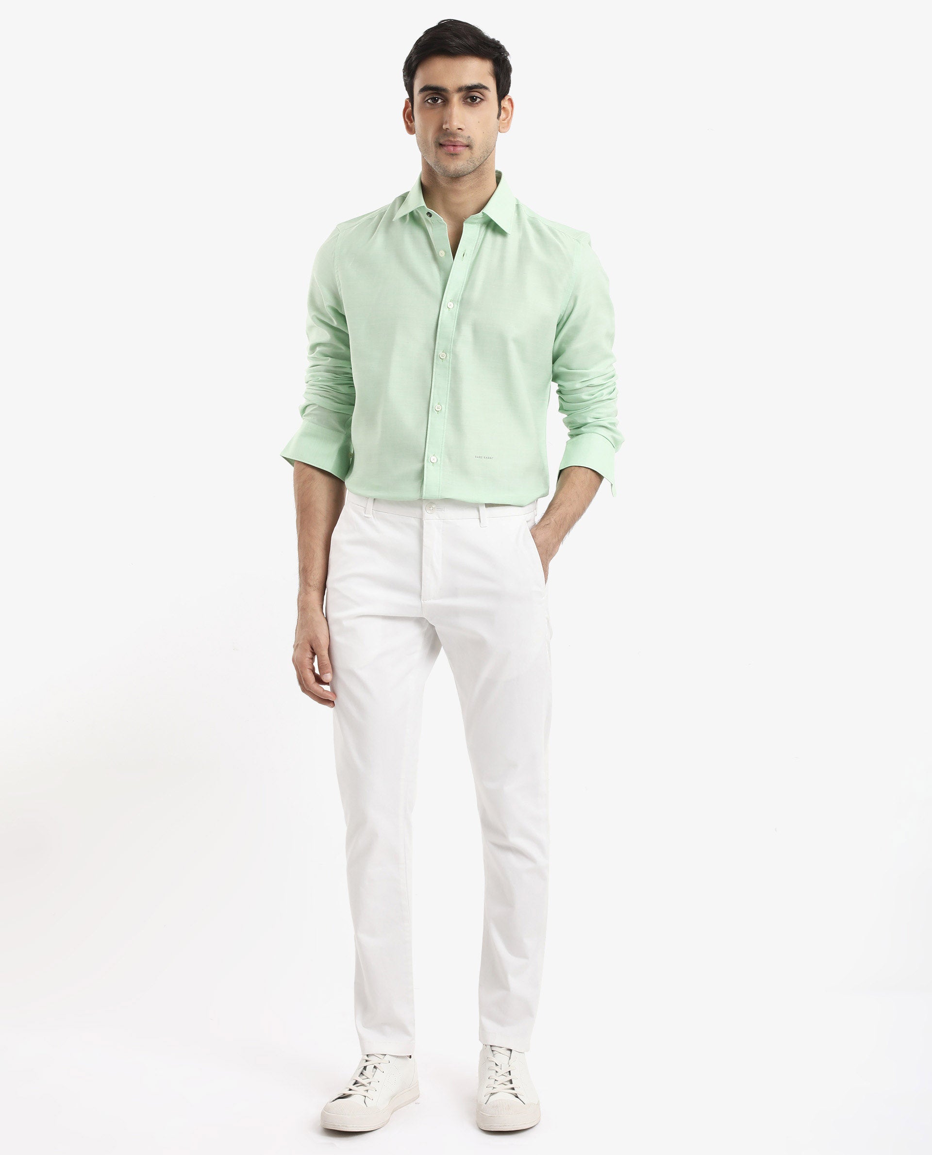 Rare Rabbit Men's Chapelle Flouroscent Green Cotton Lyocell Fabric Full Sleeves Regular Fit Plain Shirt