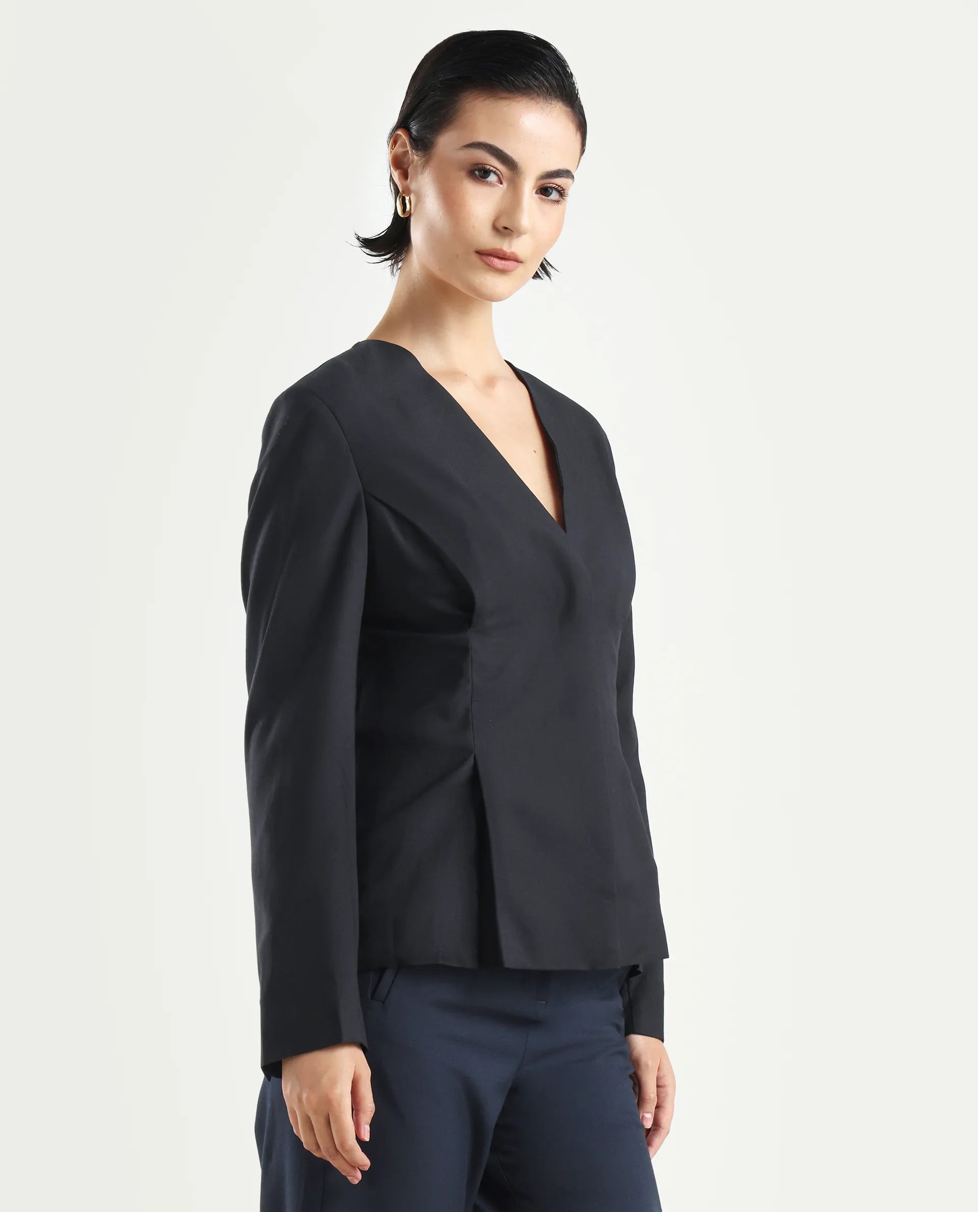 Rareism Women's Charal Black Cotton Blend Lapel Neck Plain Regular Fit Blazer