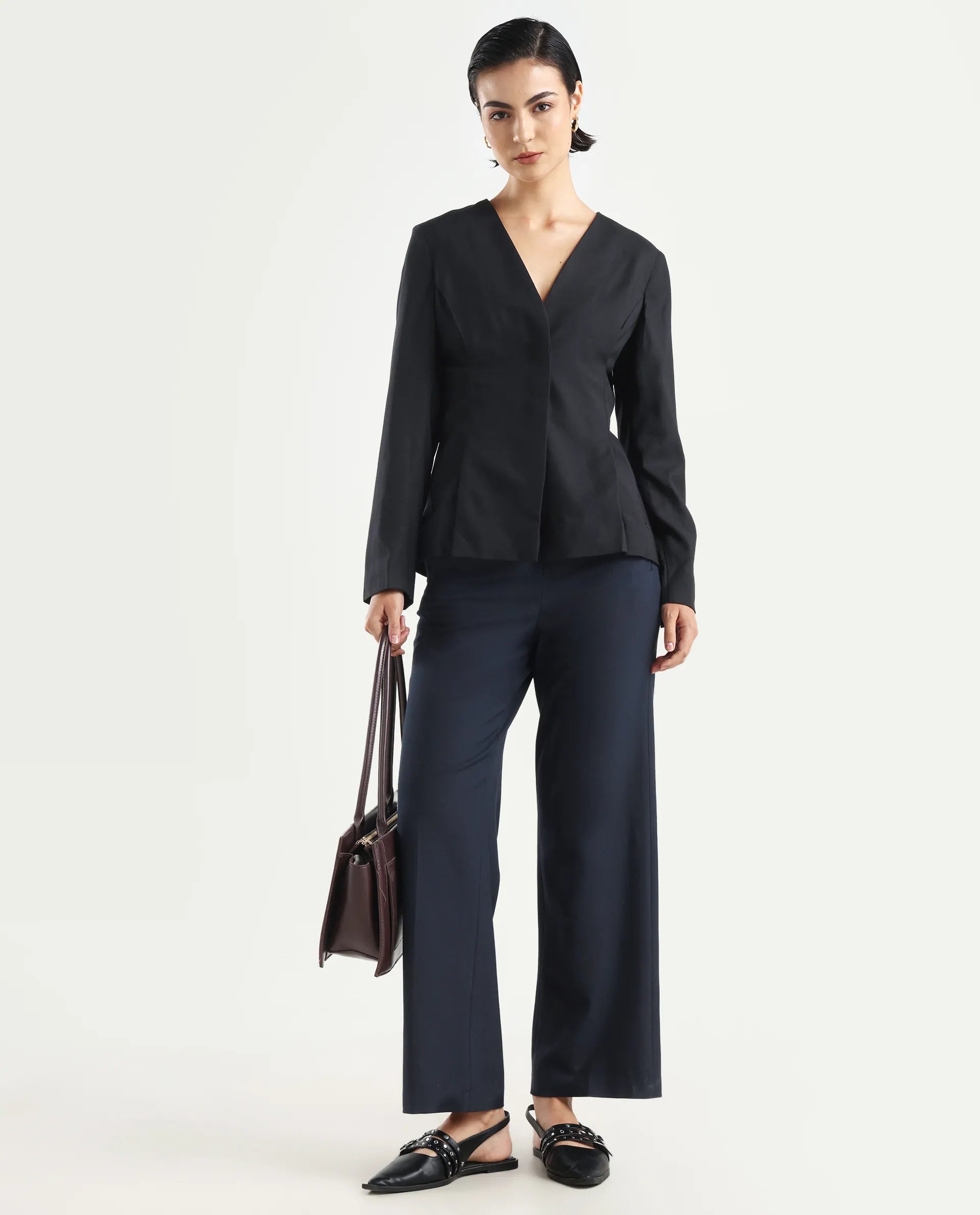 Rareism Women's Charal Black Cotton Blend Lapel Neck Plain Regular Fit Blazer