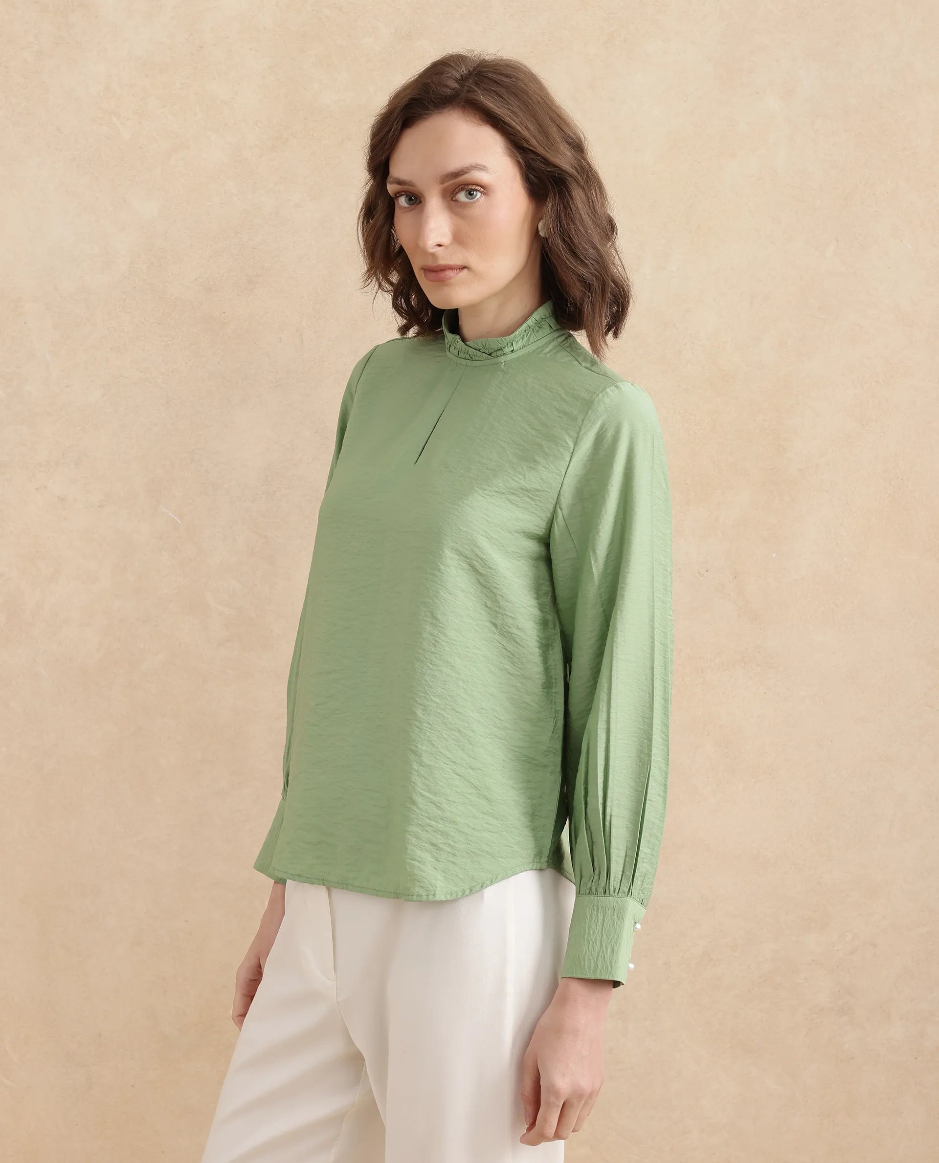 Rareism Women Charen Light Green Bishop Sleeves Halter Neck Relaxed Fit Plain Top