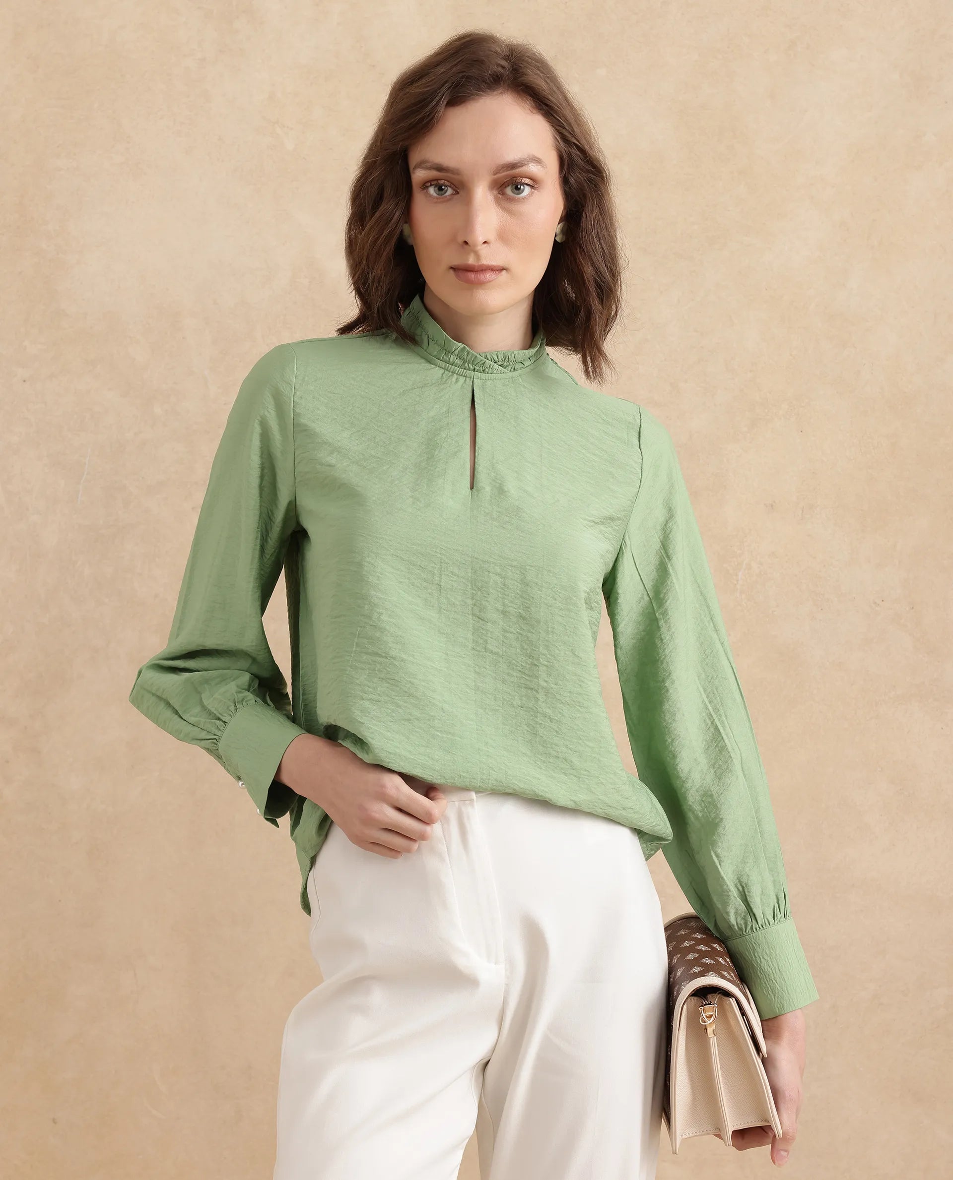 Rareism Women Charen Light Green Bishop Sleeves Halter Neck Relaxed Fit Plain Top