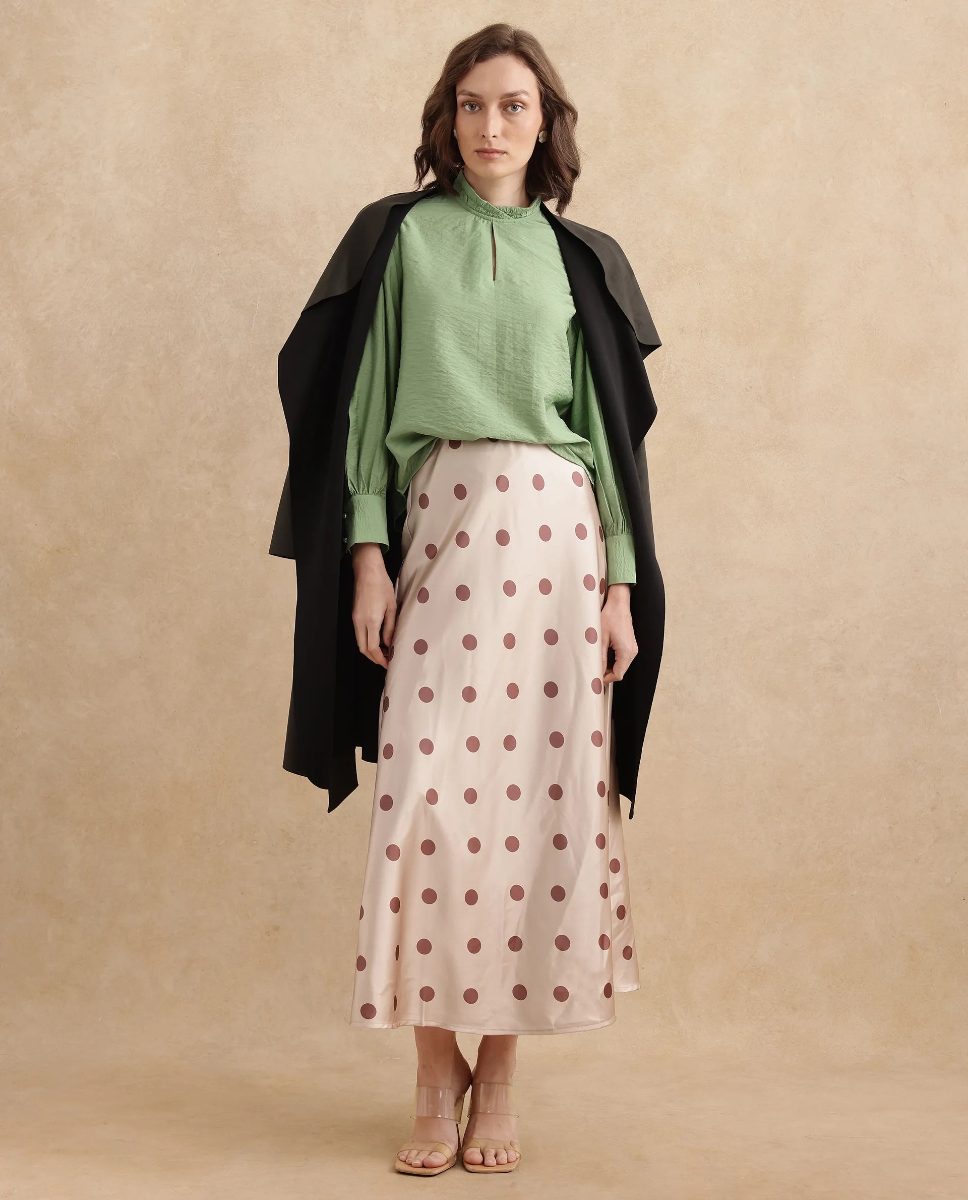 Rareism Women Charen Light Green Bishop Sleeves Halter Neck Relaxed Fit Plain Top