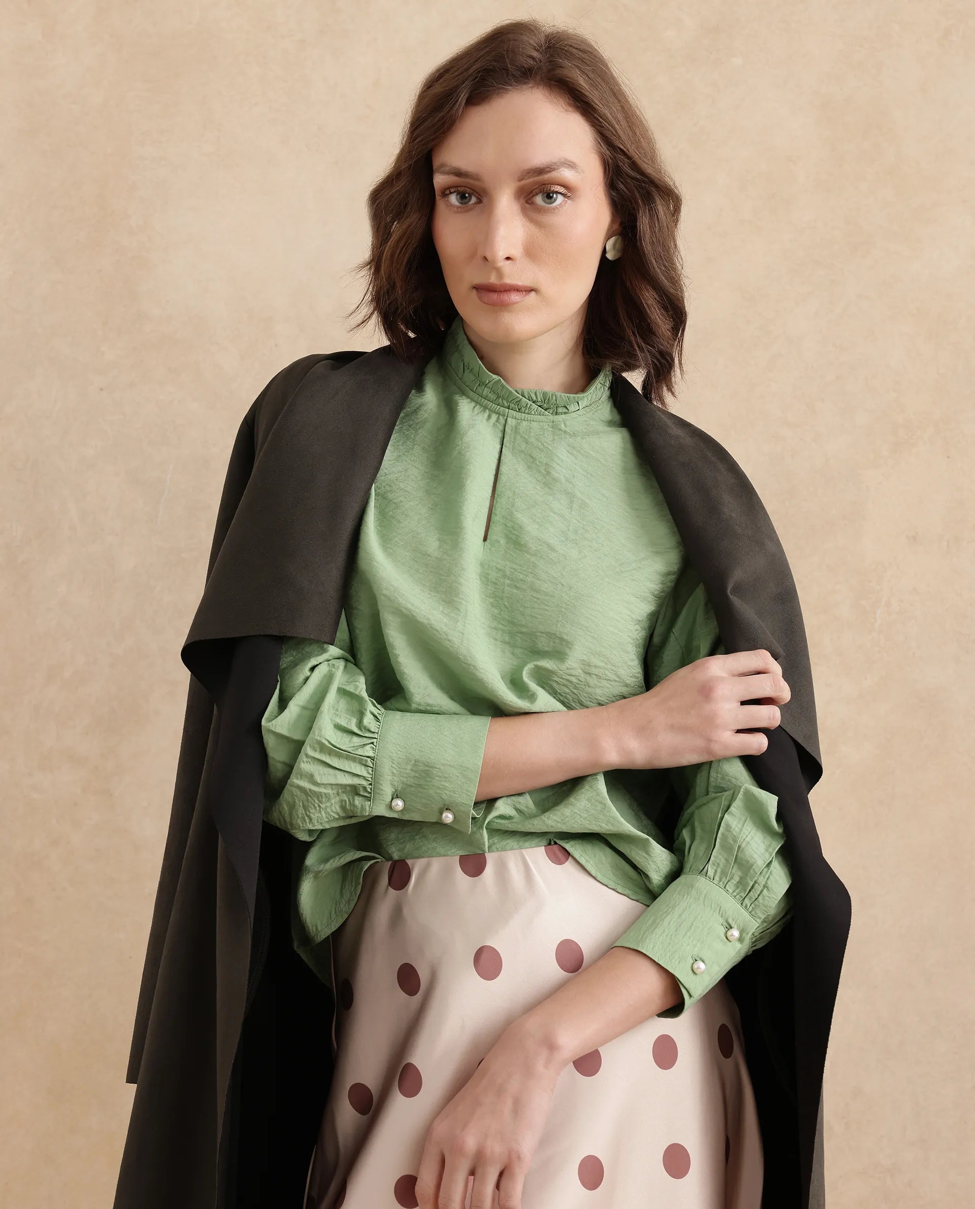 Rareism Women Charen Light Green Bishop Sleeves Halter Neck Relaxed Fit Plain Top