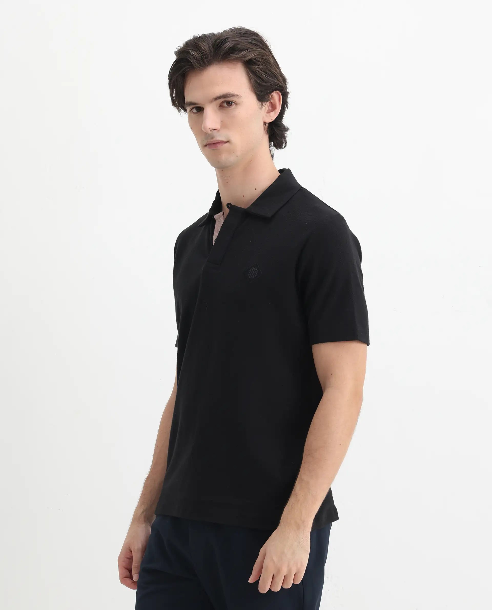 Rare Rabbit Men's Charles Black Cotton Plain Regular Fit Half Sleeve Polo