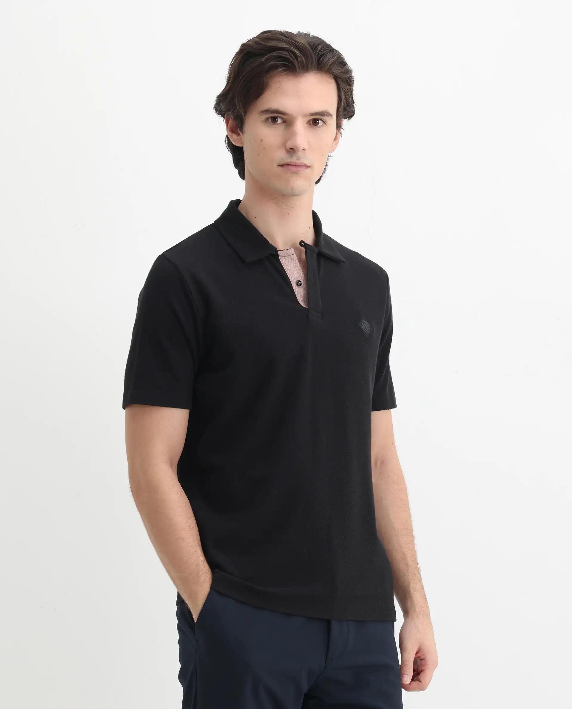 Rare Rabbit Men's Charles Black Cotton Plain Regular Fit Half Sleeve Polo