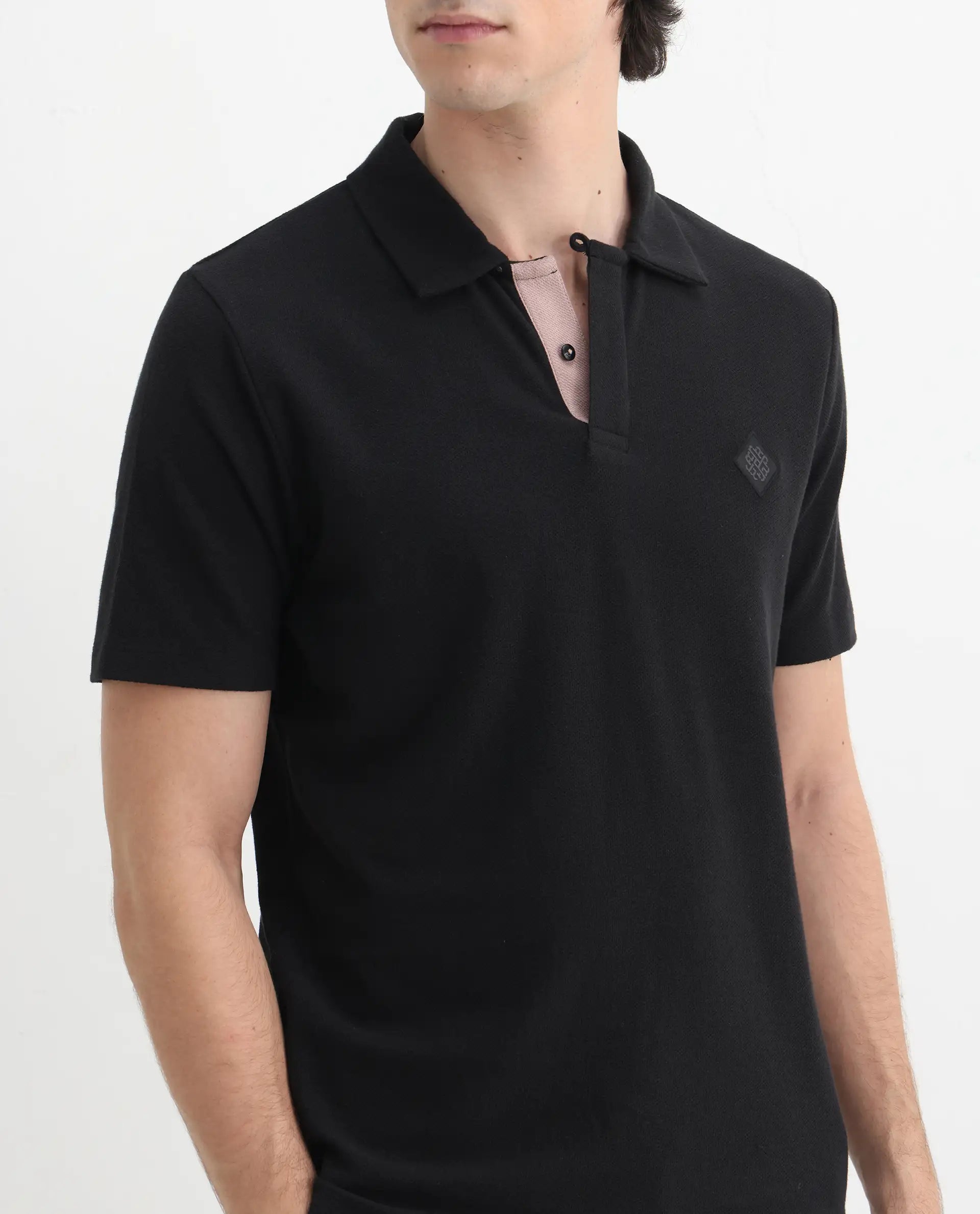 Rare Rabbit Men's Charles Black Cotton Plain Regular Fit Half Sleeve Polo