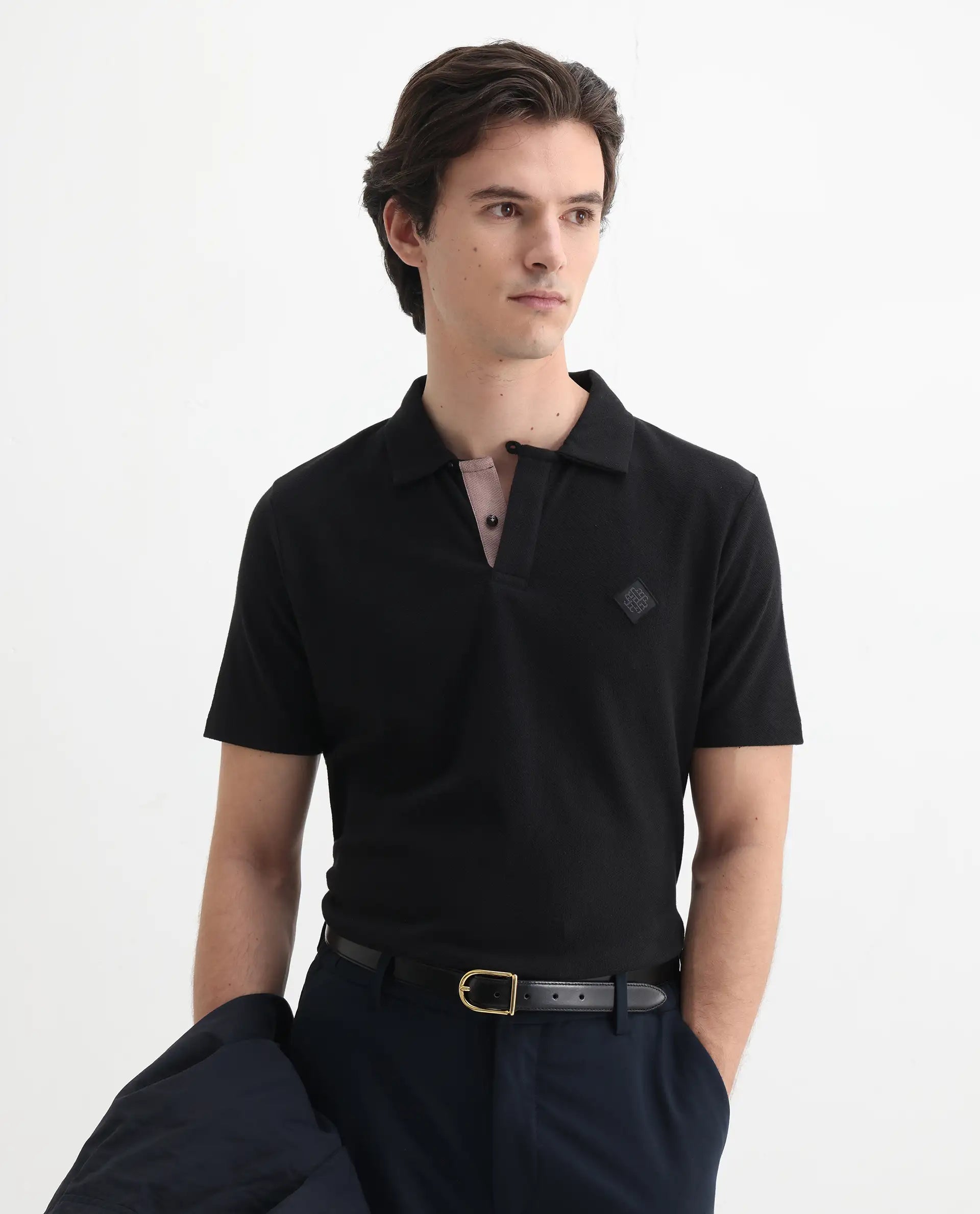 Rare Rabbit Men's Charles Black Cotton Plain Regular Fit Half Sleeve Polo
