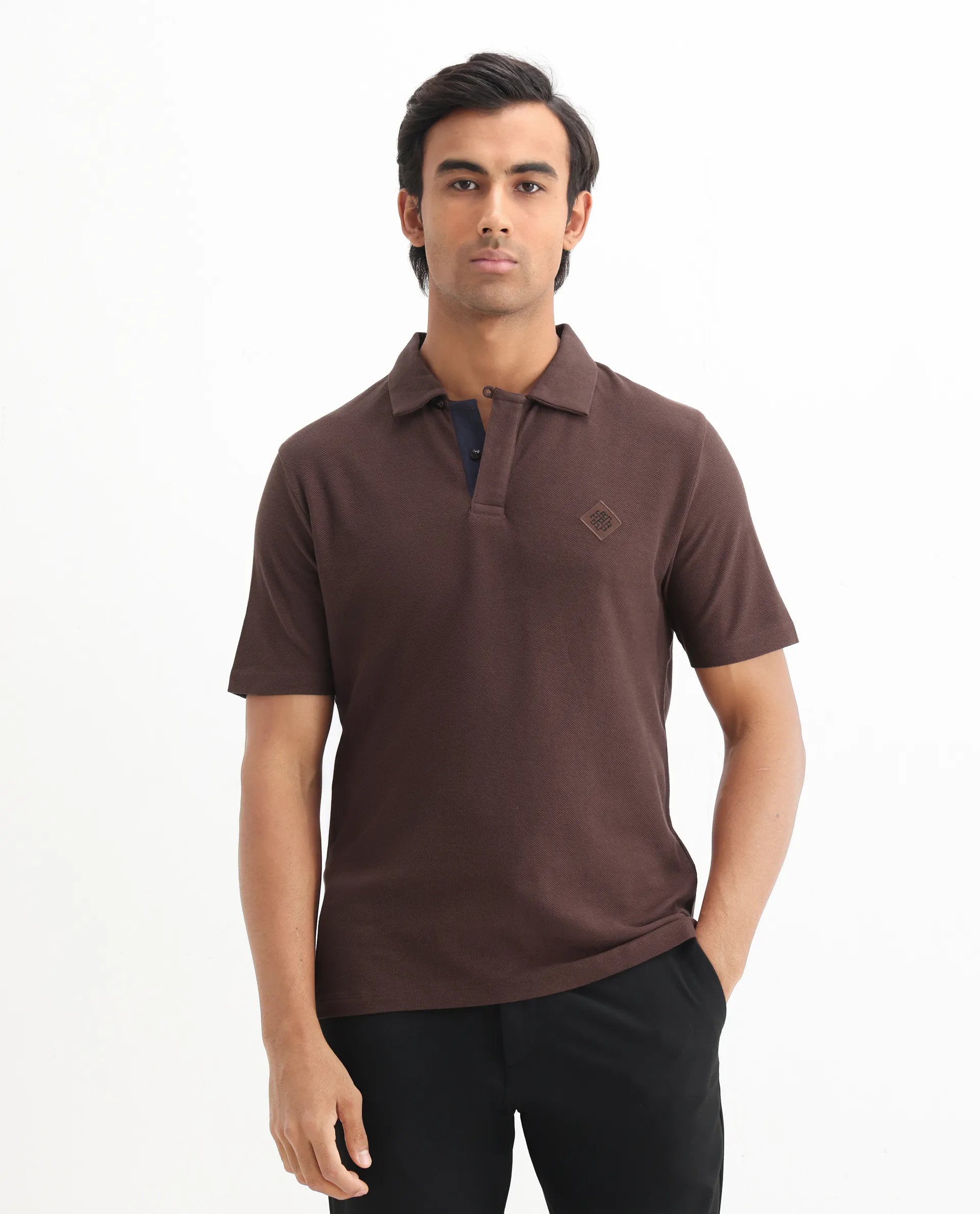 Rare Rabbit Men's Charles Dark Brown Cotton Plain Regular Fit Half Sleeve Polo