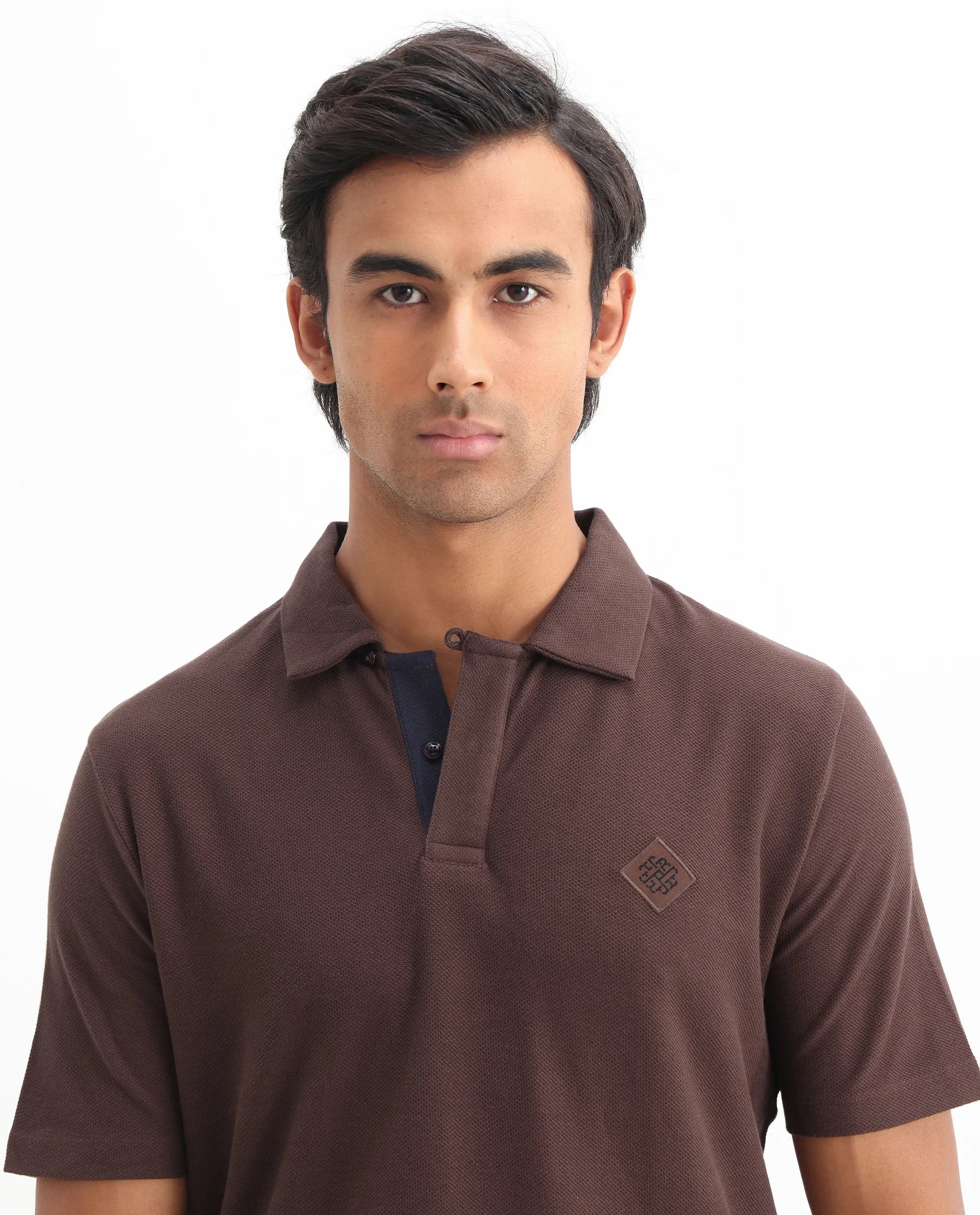 Rare Rabbit Men's Charles Dark Brown Cotton Plain Regular Fit Half Sleeve Polo