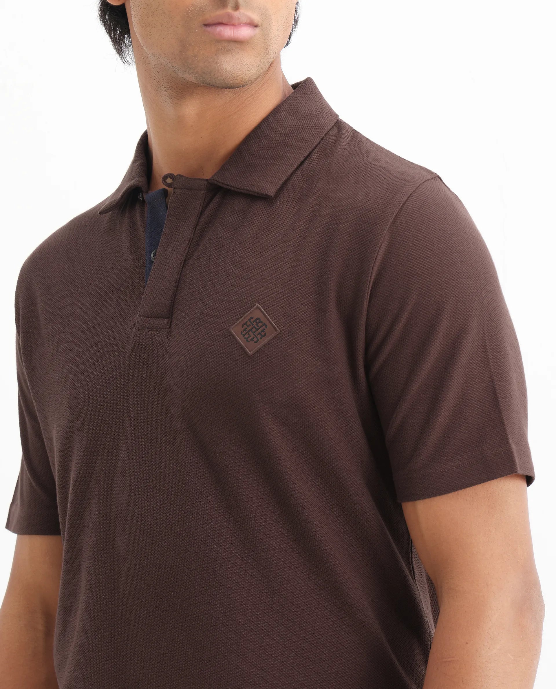 Rare Rabbit Men's Charles Dark Brown Cotton Plain Regular Fit Half Sleeve Polo