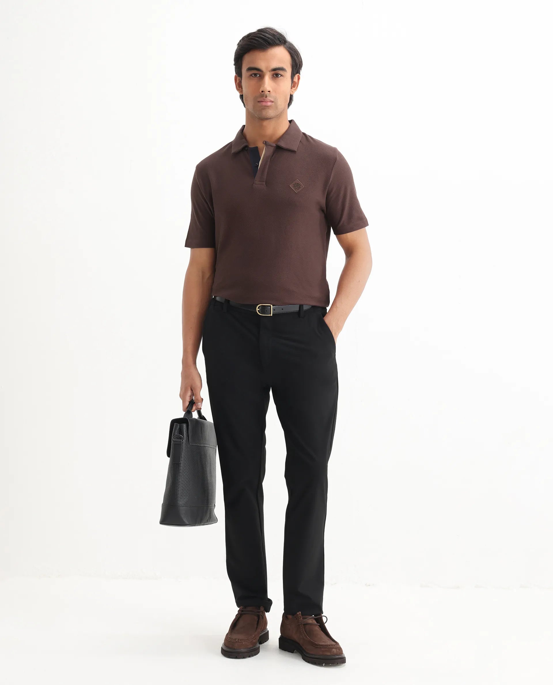 Rare Rabbit Men's Charles Dark Brown Cotton Plain Regular Fit Half Sleeve Polo