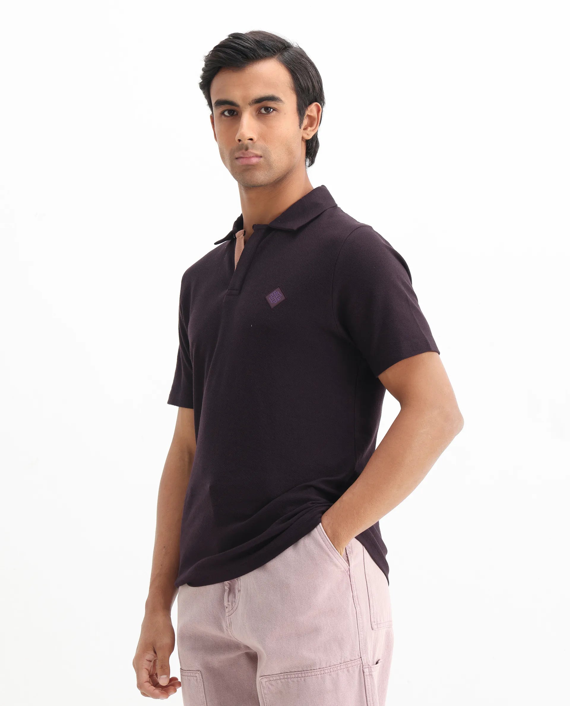 Rare Rabbit Men's Charles Dark Purple Cotton Plain Regular Fit Half Sleeve Polo