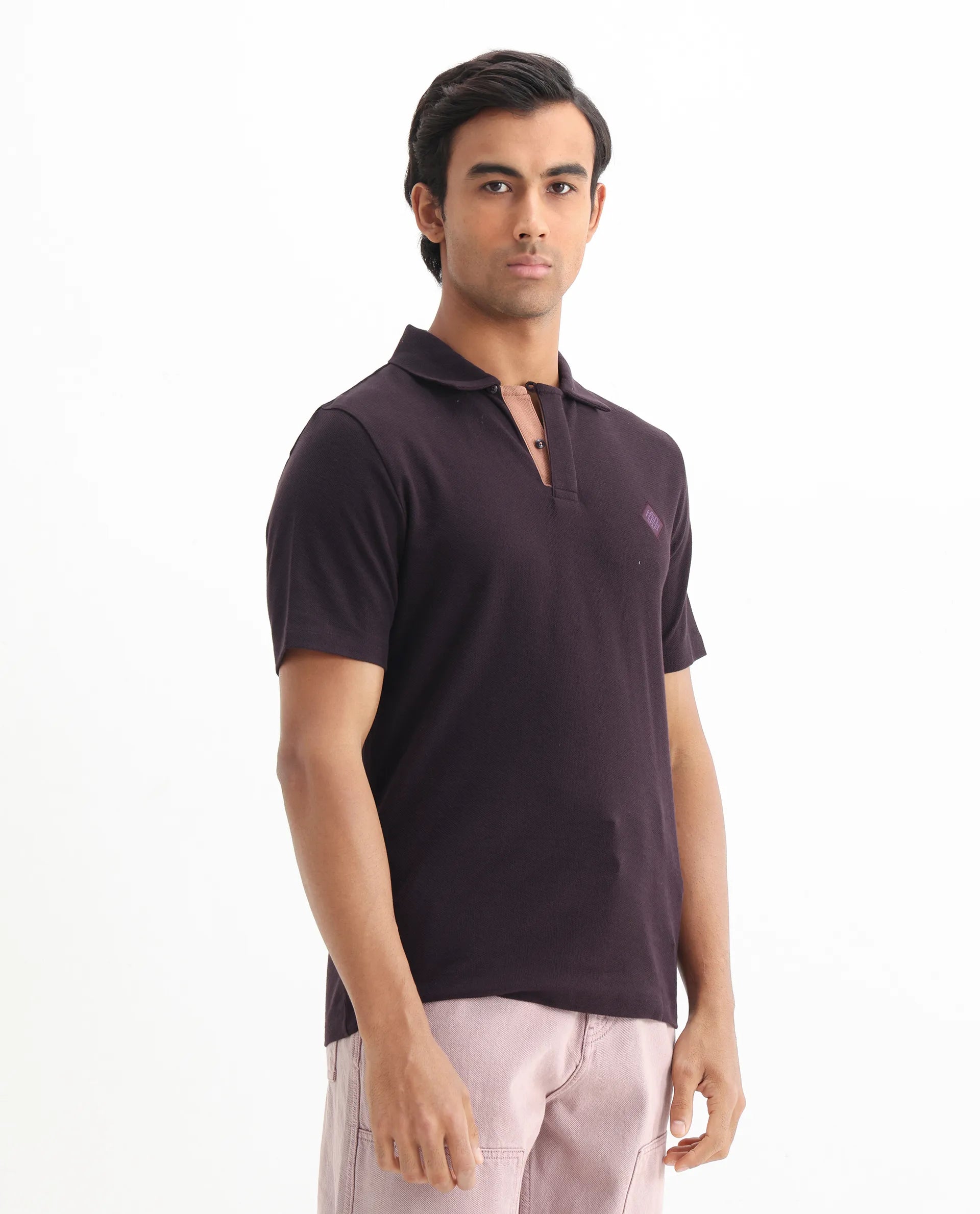 Rare Rabbit Men's Charles Dark Purple Cotton Plain Regular Fit Half Sleeve Polo