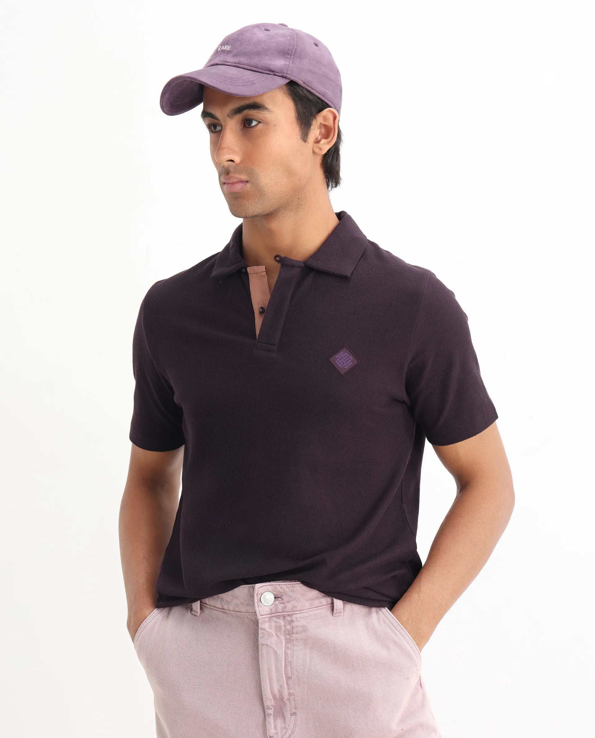 Rare Rabbit Men's Charles Dark Purple Cotton Plain Regular Fit Half Sleeve Polo