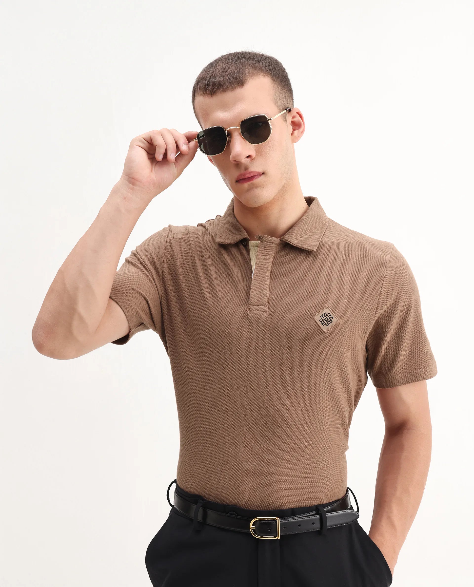 Rare Rabbit Men's Charles Dusky Orange Cotton Plain Regular Fit Half Sleeve Polo