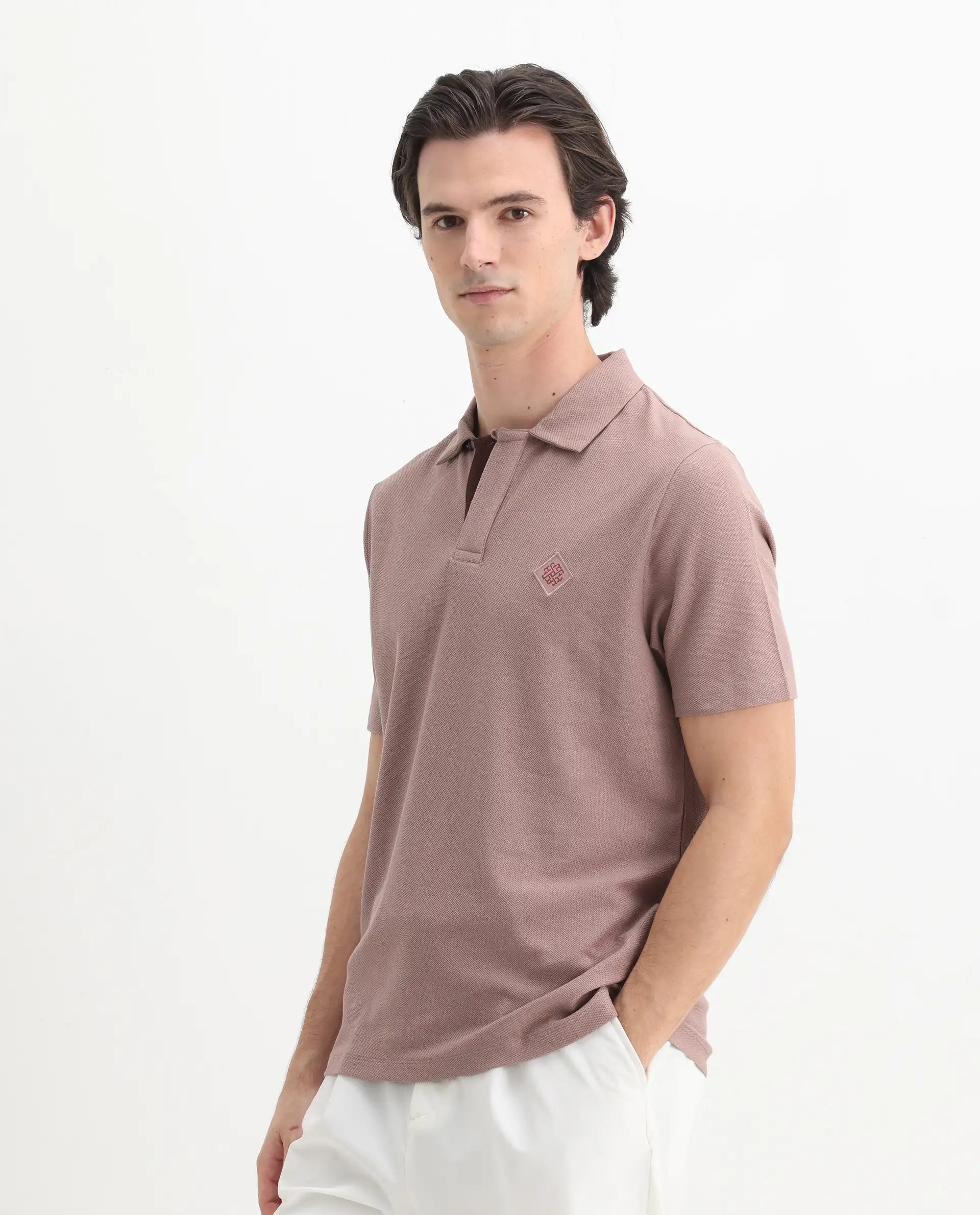 Rare Rabbit Men's Charles Dusky Pink Cotton Plain Regular Fit Half Sleeve Polo