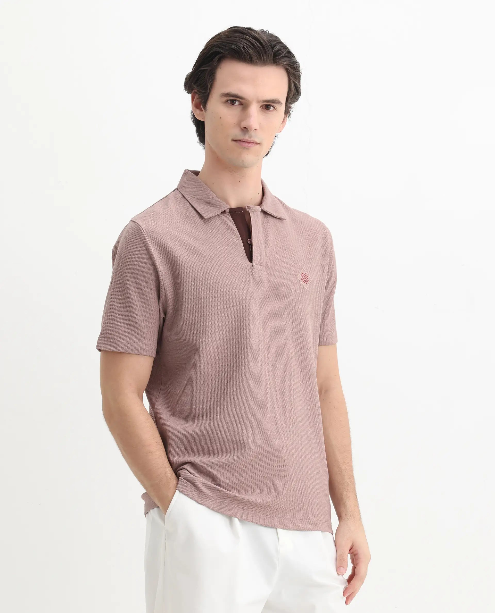 Rare Rabbit Men's Charles Dusky Pink Cotton Plain Regular Fit Half Sleeve Polo