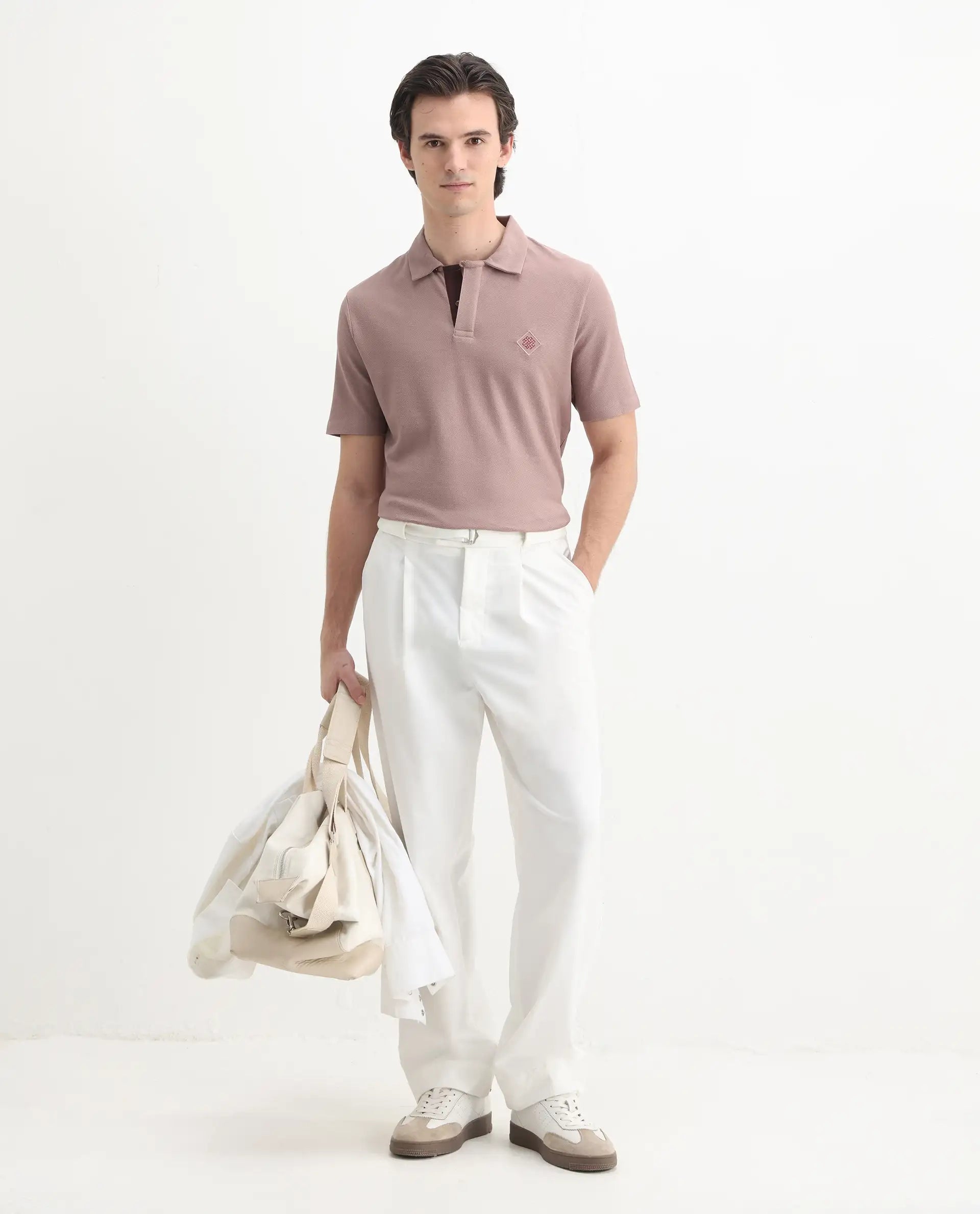 Rare Rabbit Men's Charles Dusky Pink Cotton Plain Regular Fit Half Sleeve Polo