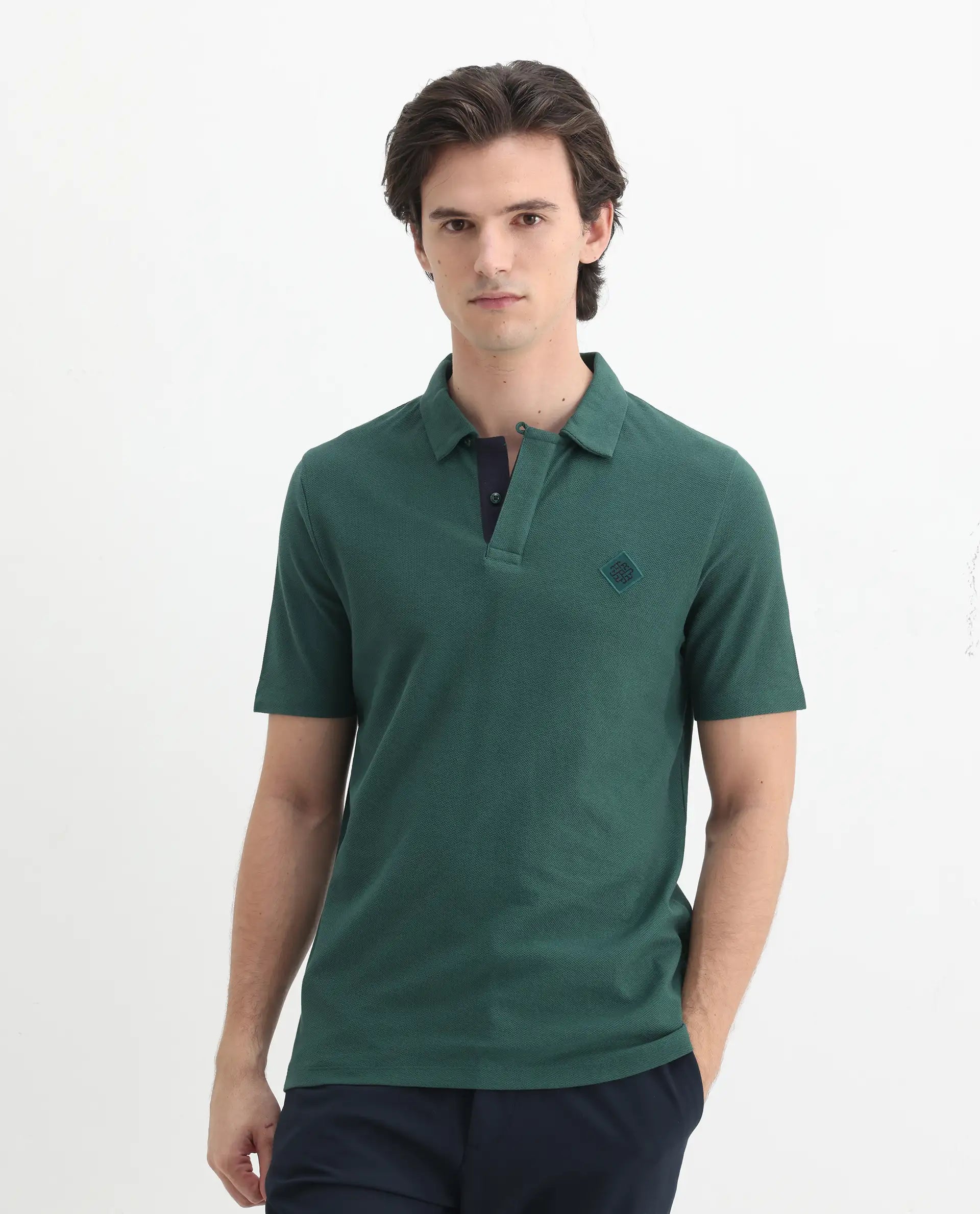 Rare Rabbit Men's Charles Green Cotton Plain Regular Fit Half Sleeve Polo