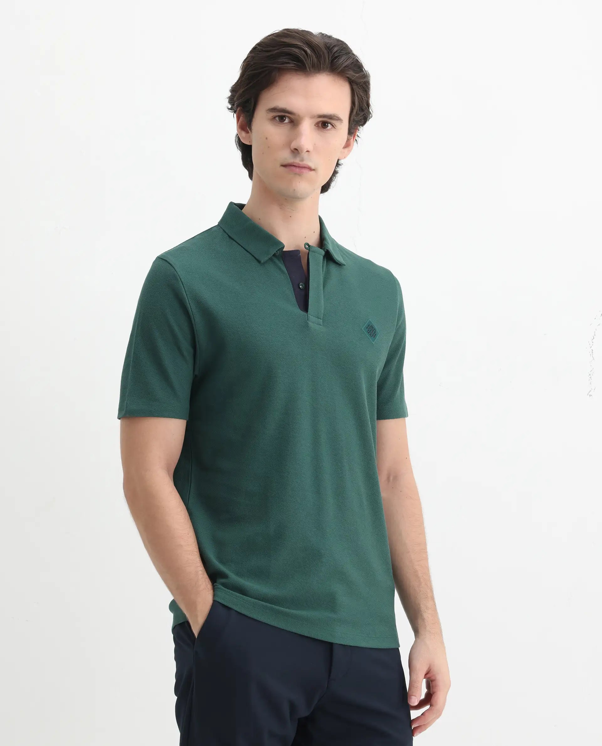 Rare Rabbit Men's Charles Green Cotton Plain Regular Fit Half Sleeve Polo