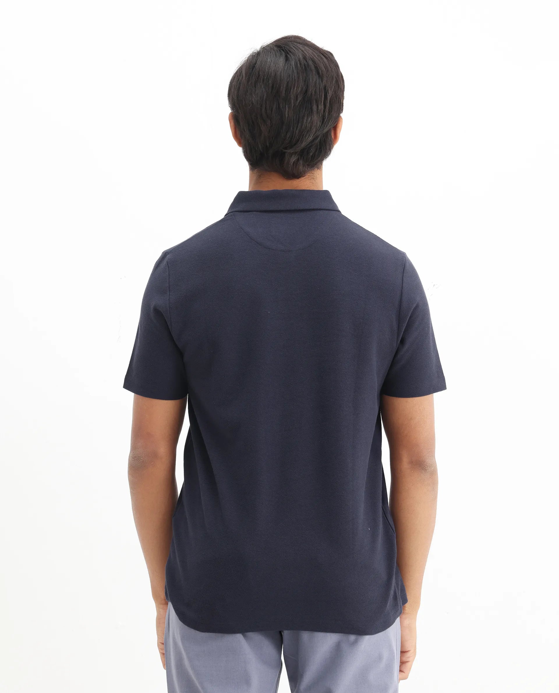 Rare Rabbit Men's Charles Navy Cotton Plain Regular Fit Half Sleeve Polo
