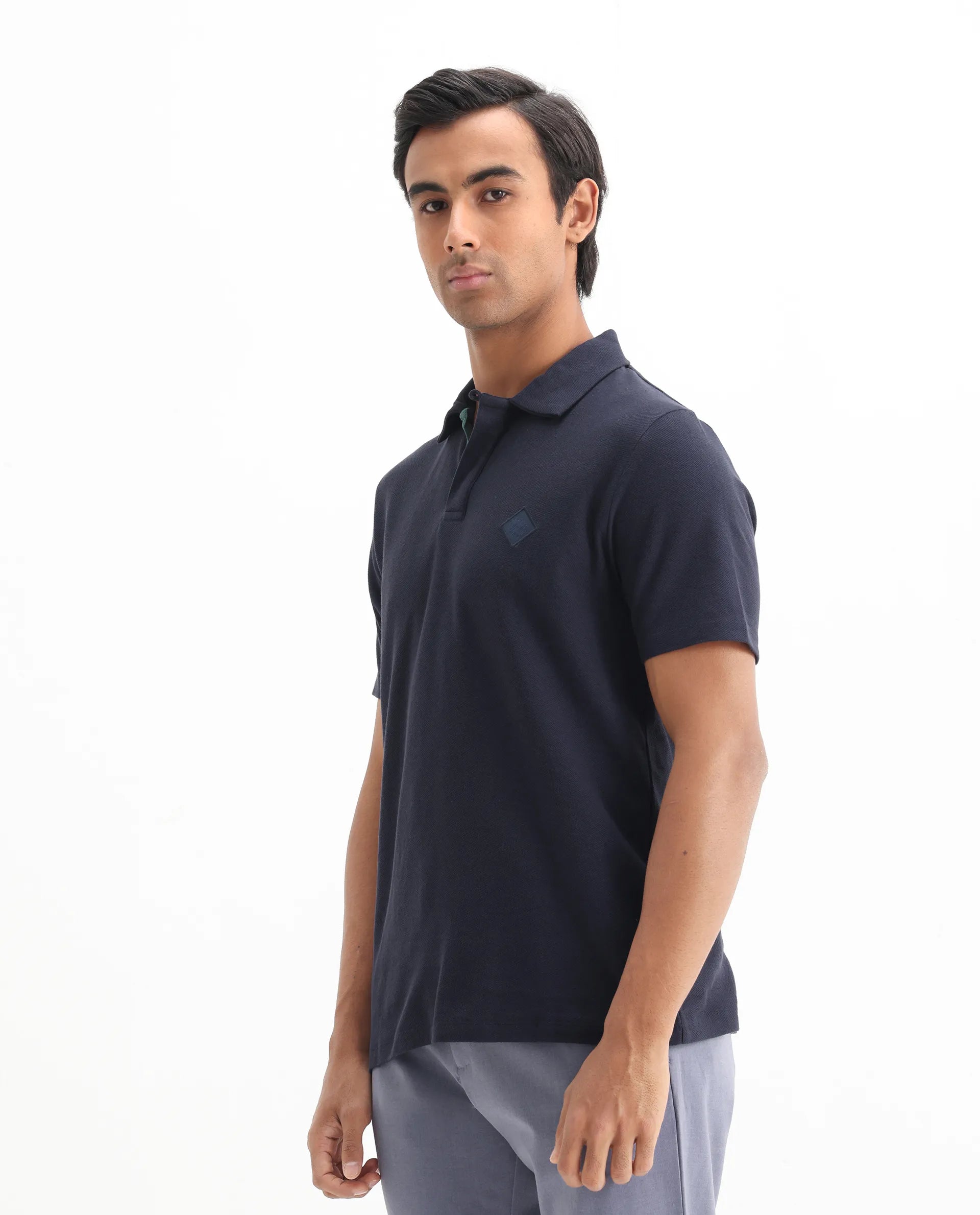 Rare Rabbit Men's Charles Navy Cotton Plain Regular Fit Half Sleeve Polo
