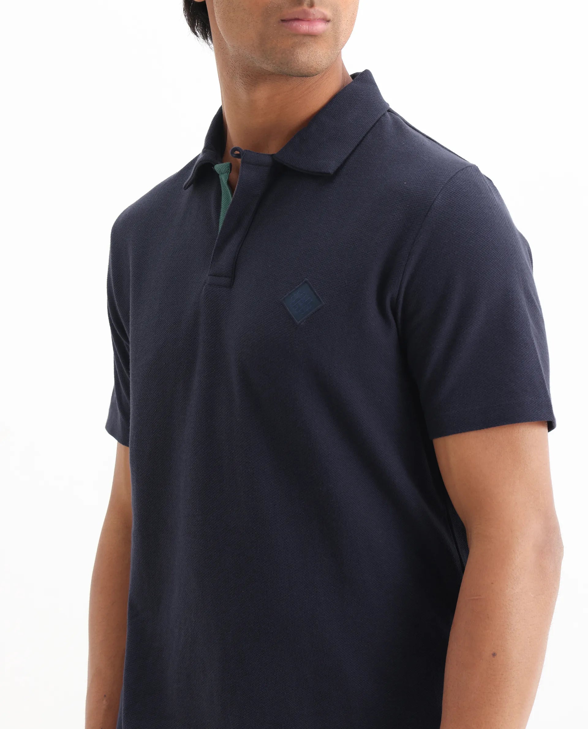 Rare Rabbit Men's Charles Navy Cotton Plain Regular Fit Half Sleeve Polo