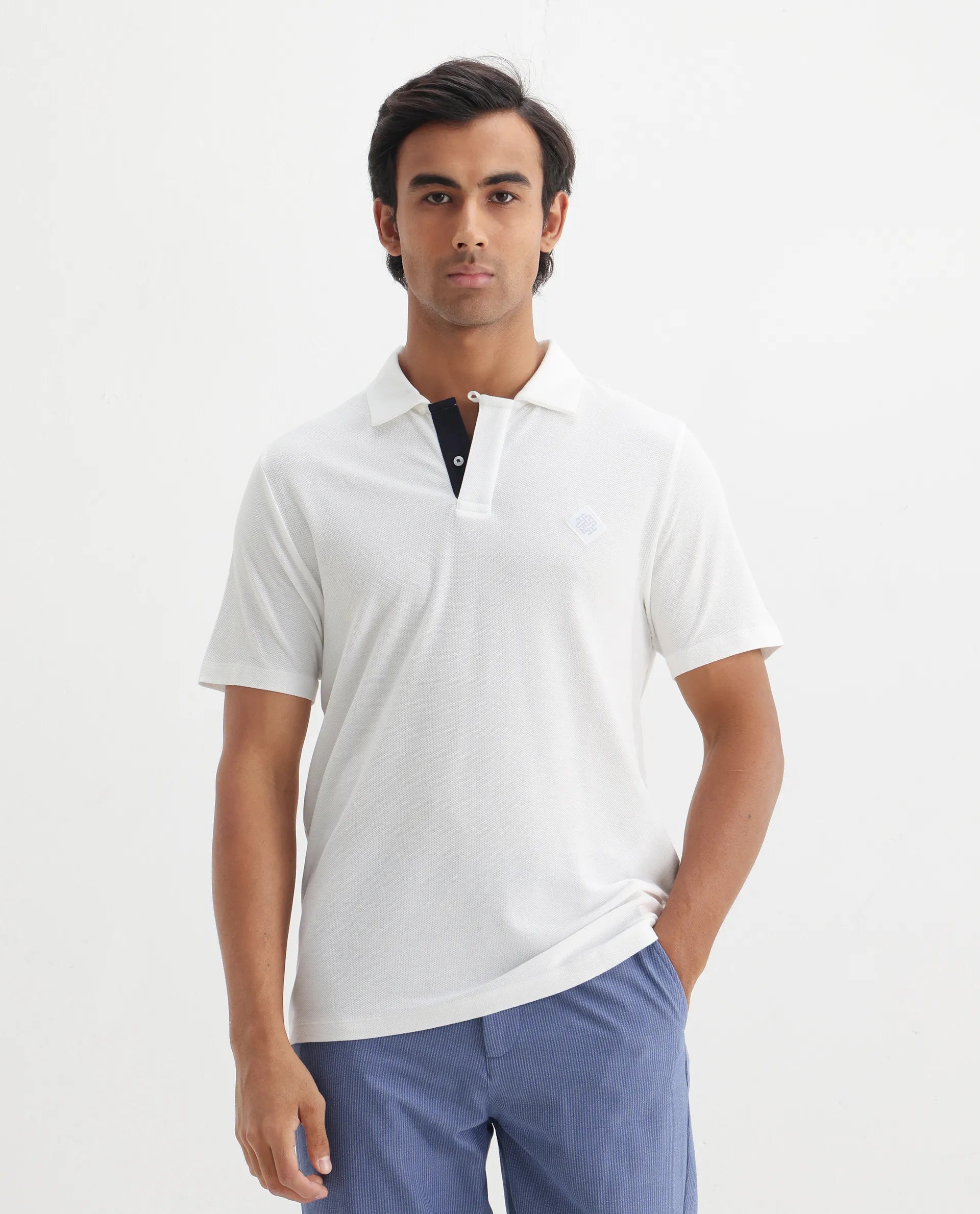 Rare Rabbit Men's Charles Off White Cotton Plain Regular Fit Half Sleeve Polo