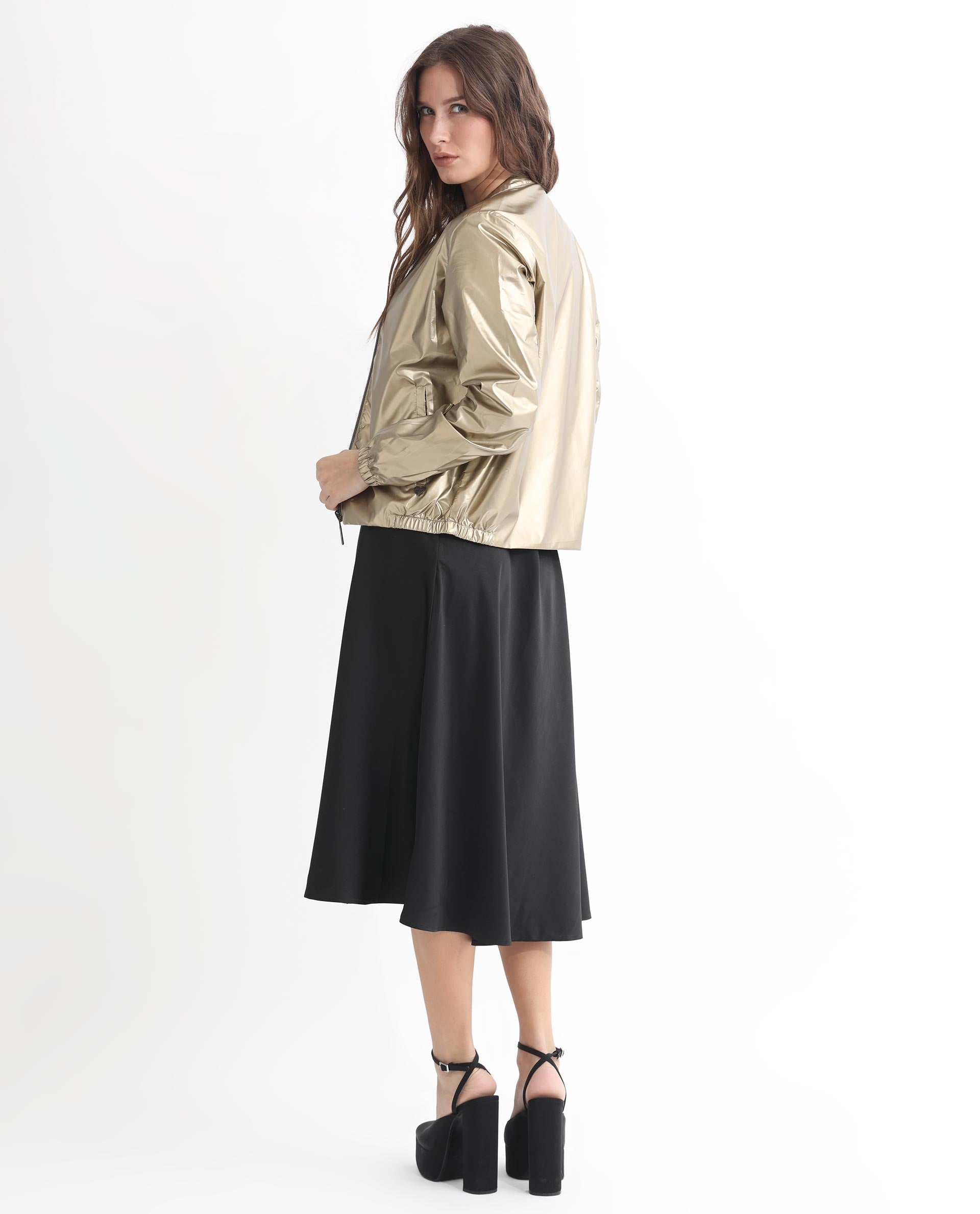 Rareism Women Charlotte Gold Polyester Fabric Full Sleeves Solid Mandarin Collar Jacket