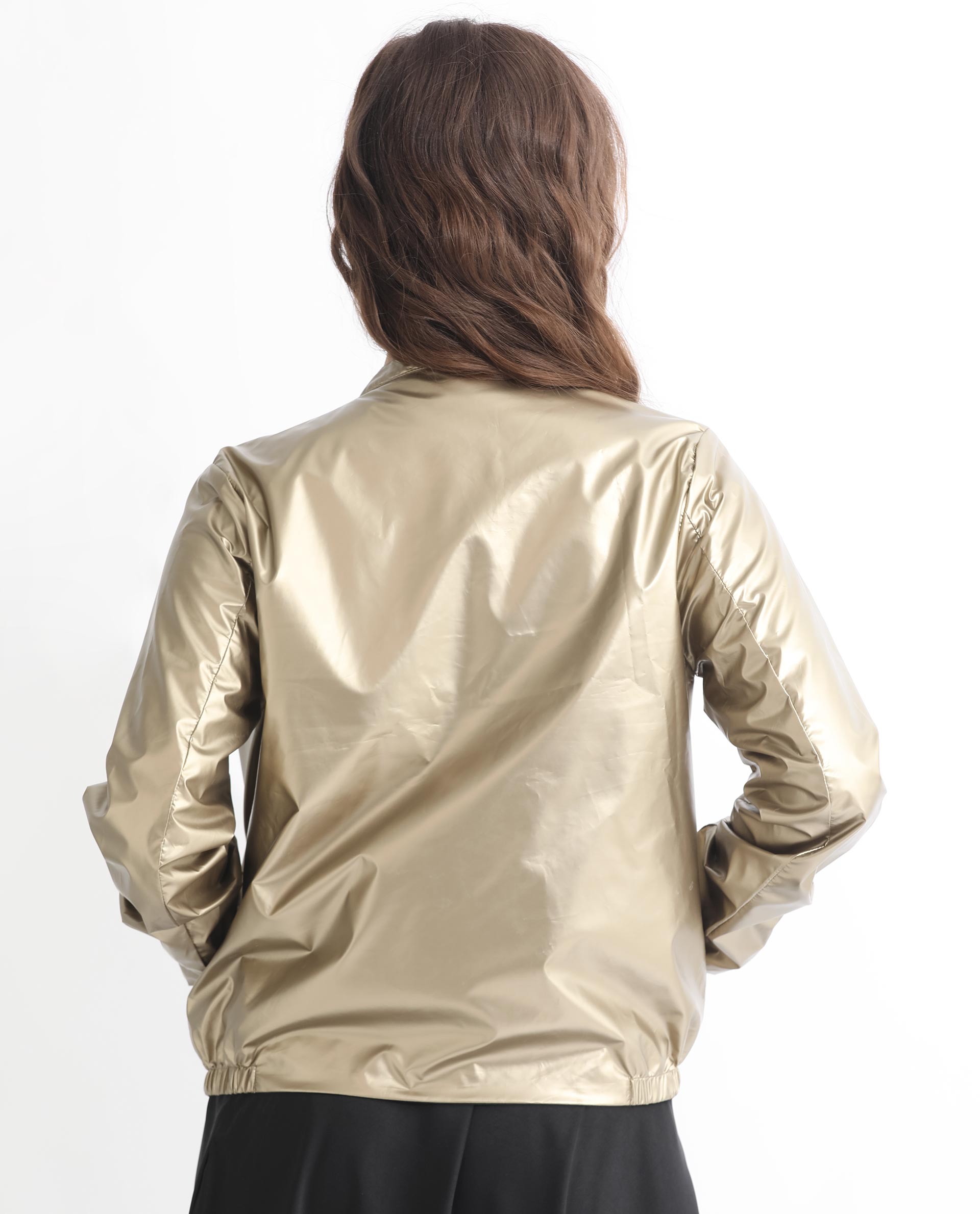 Rareism Women Charlotte Gold Polyester Fabric Full Sleeves Solid Mandarin Collar Jacket