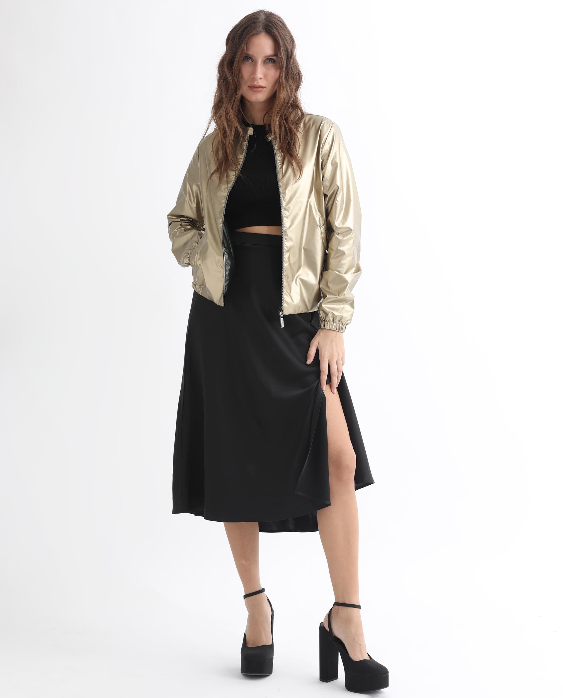 Rareism Women Charlotte Gold Polyester Fabric Full Sleeves Solid Mandarin Collar Jacket