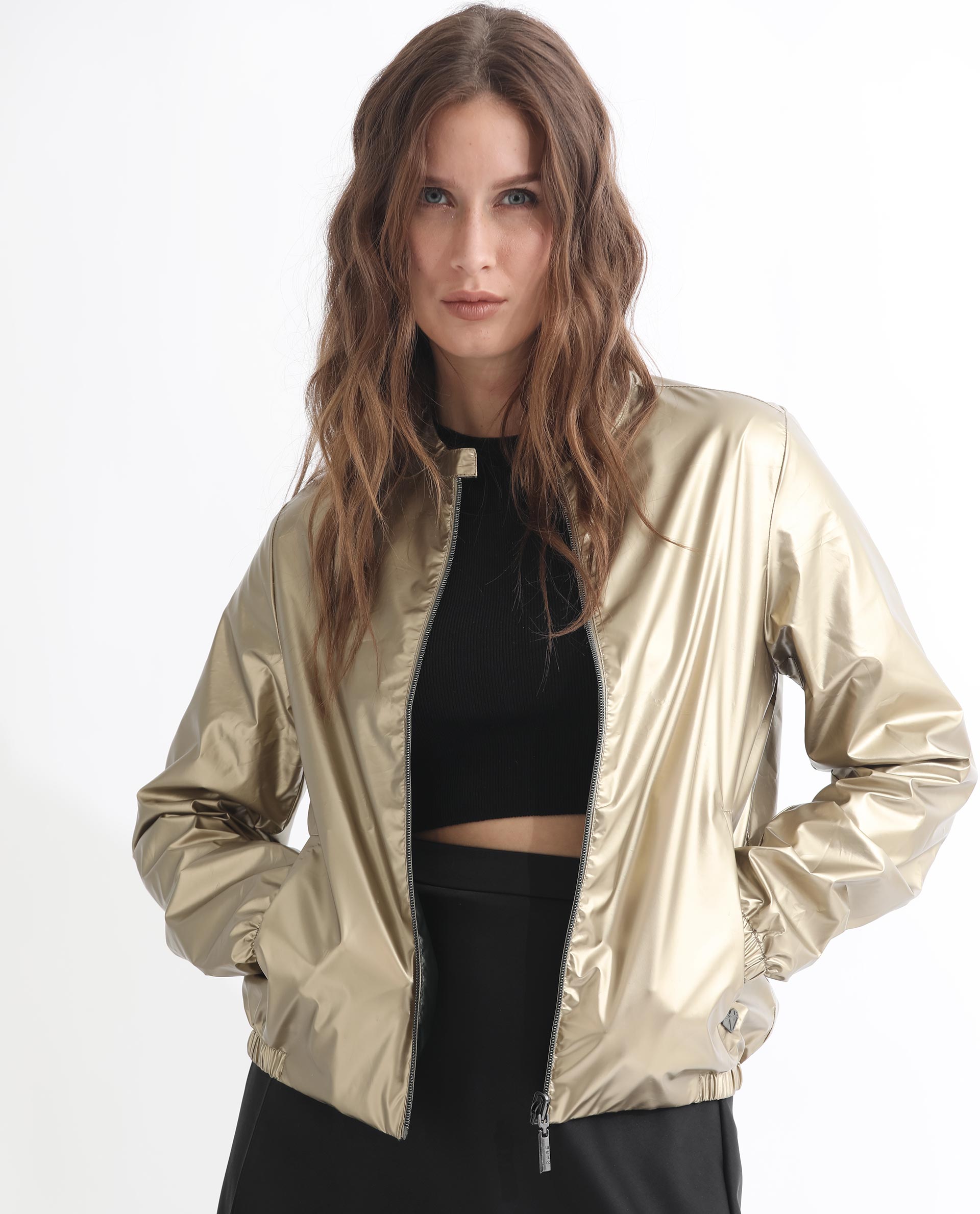 Rareism Women Charlotte Gold Polyester Fabric Full Sleeves Solid Mandarin Collar Jacket