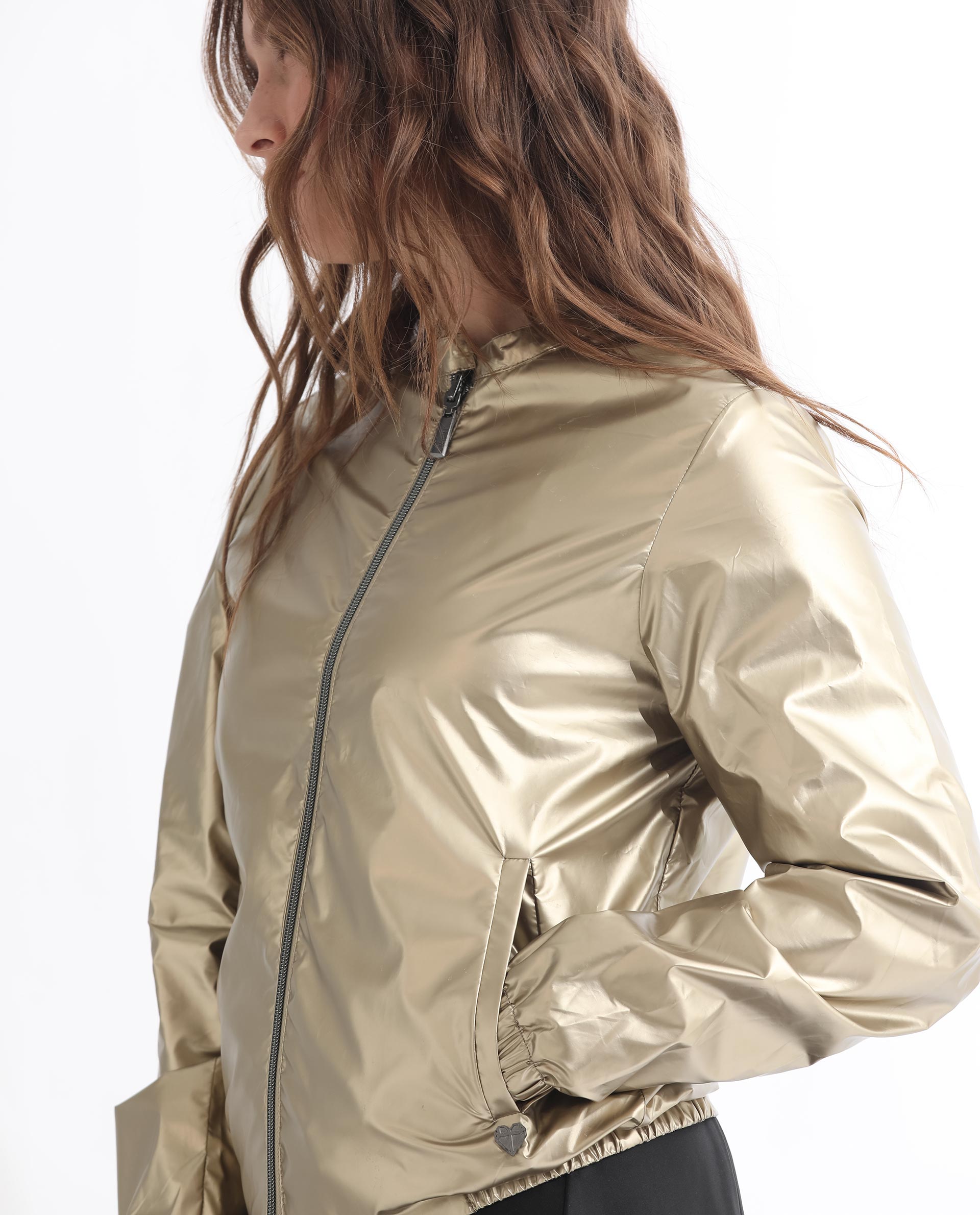 Rareism Women Charlotte Gold Polyester Fabric Full Sleeves Solid Mandarin Collar Jacket