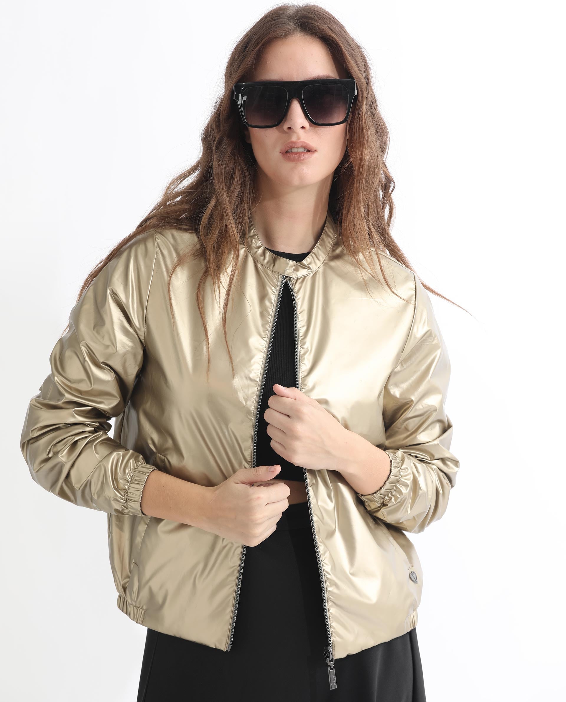 Rareism Women Charlotte Gold Polyester Fabric Full Sleeves Solid Mandarin Collar Jacket