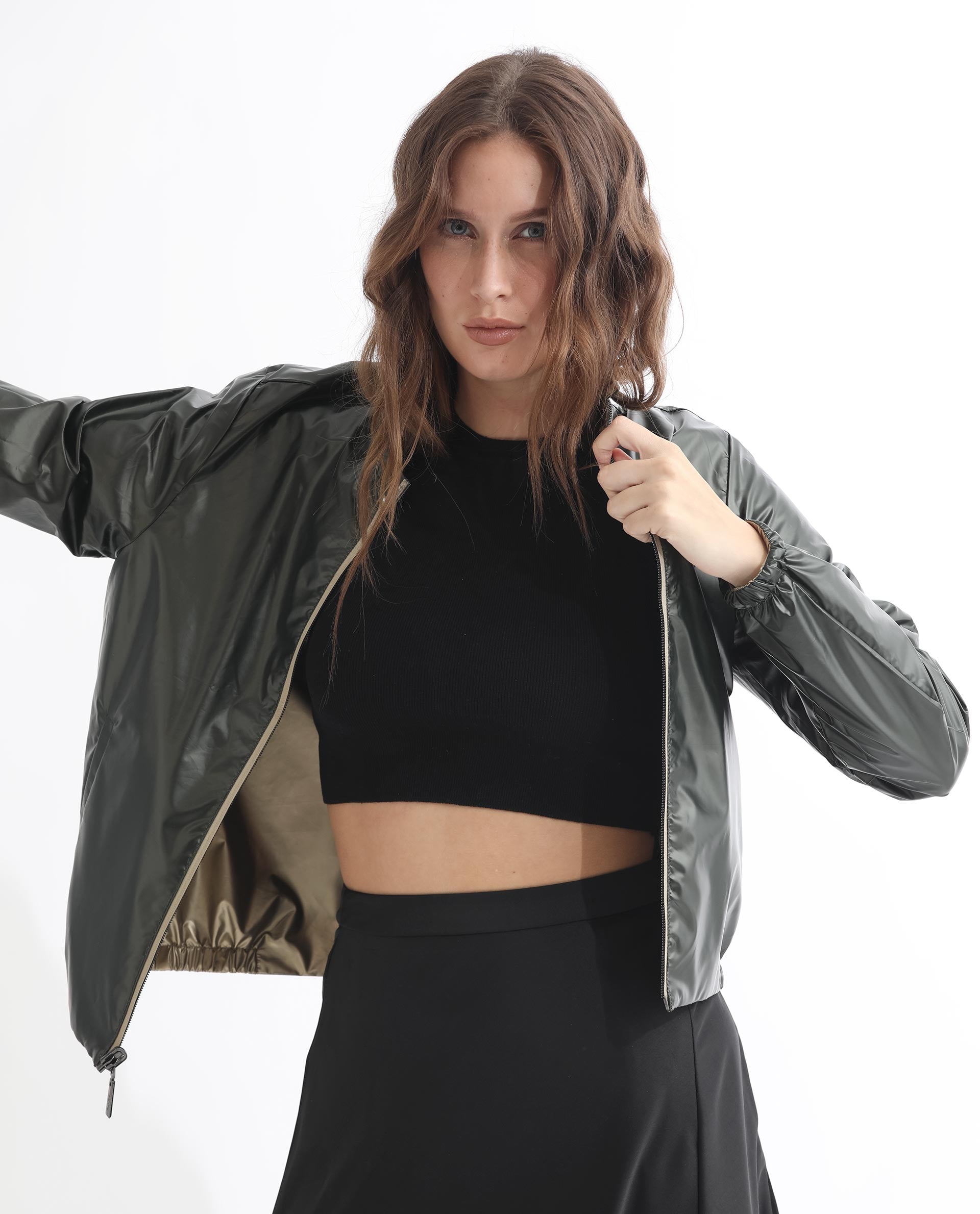 Rareism Women Charlotte Gold Polyester Fabric Full Sleeves Solid Mandarin Collar Jacket