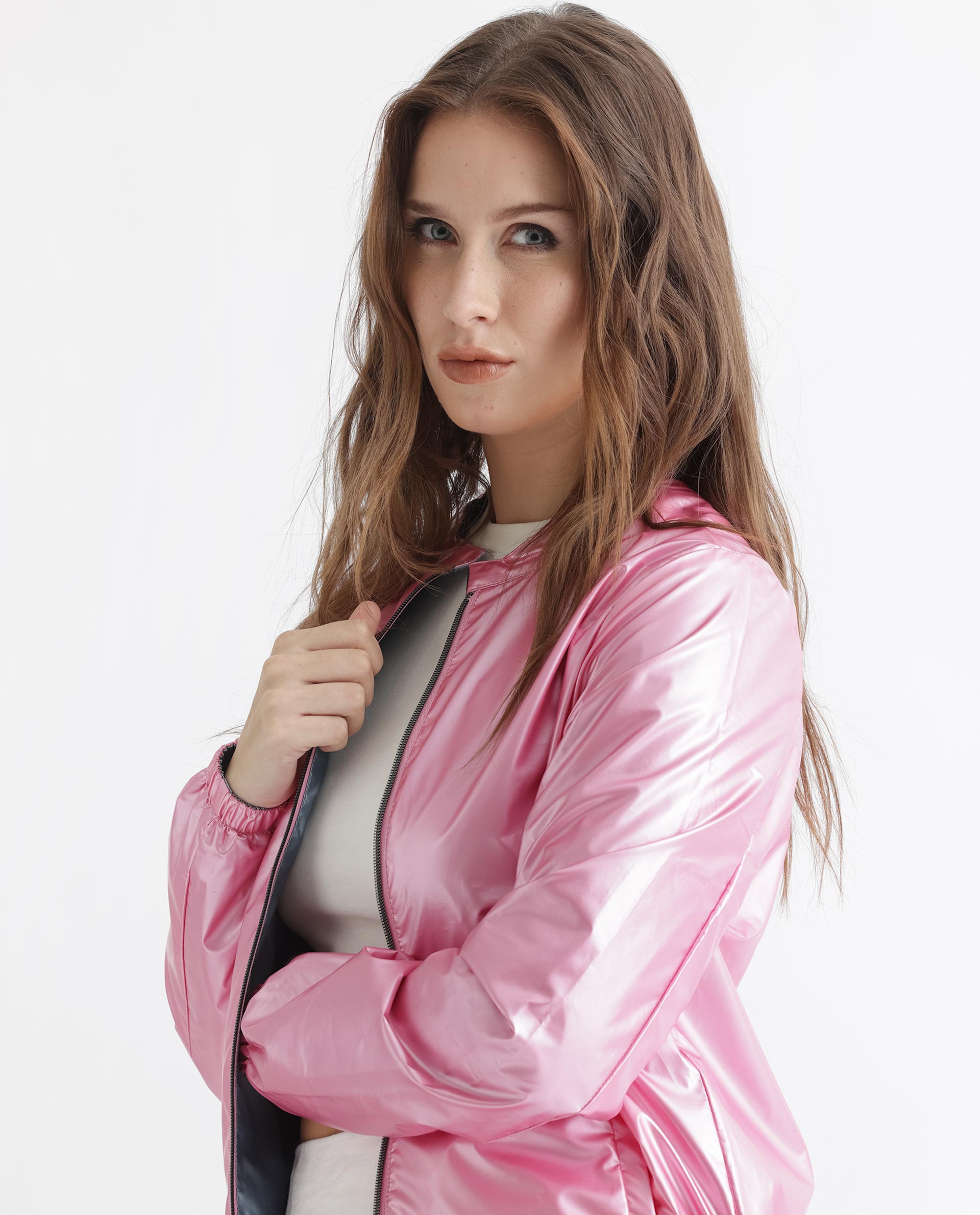 Rareism Women Charlotte Pink Polyester Fabric Full Sleeves Solid Mandarin Collar Jacket