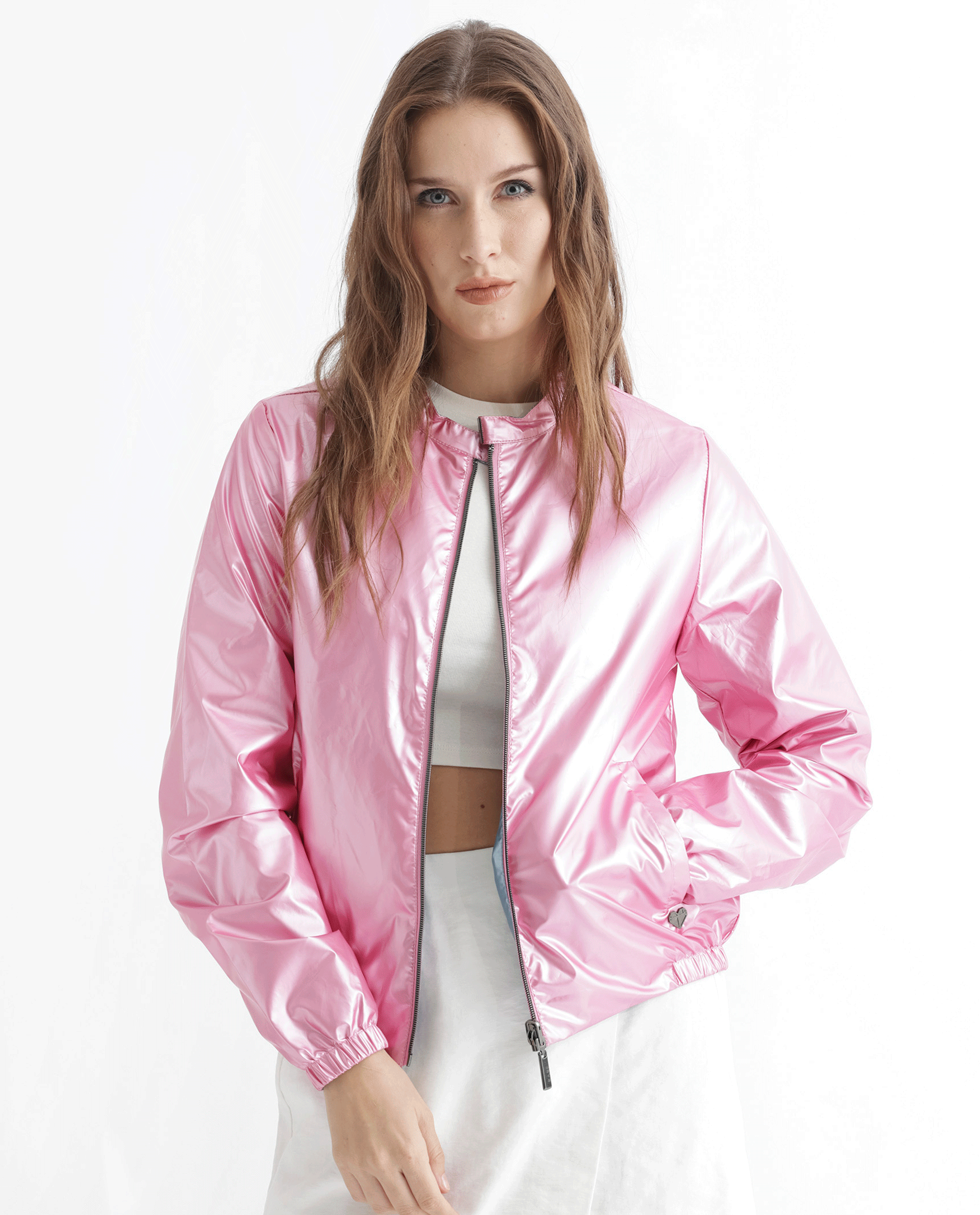 Rareism Women Charlotte Pink Polyester Fabric Full Sleeves Solid Mandarin Collar Jacket