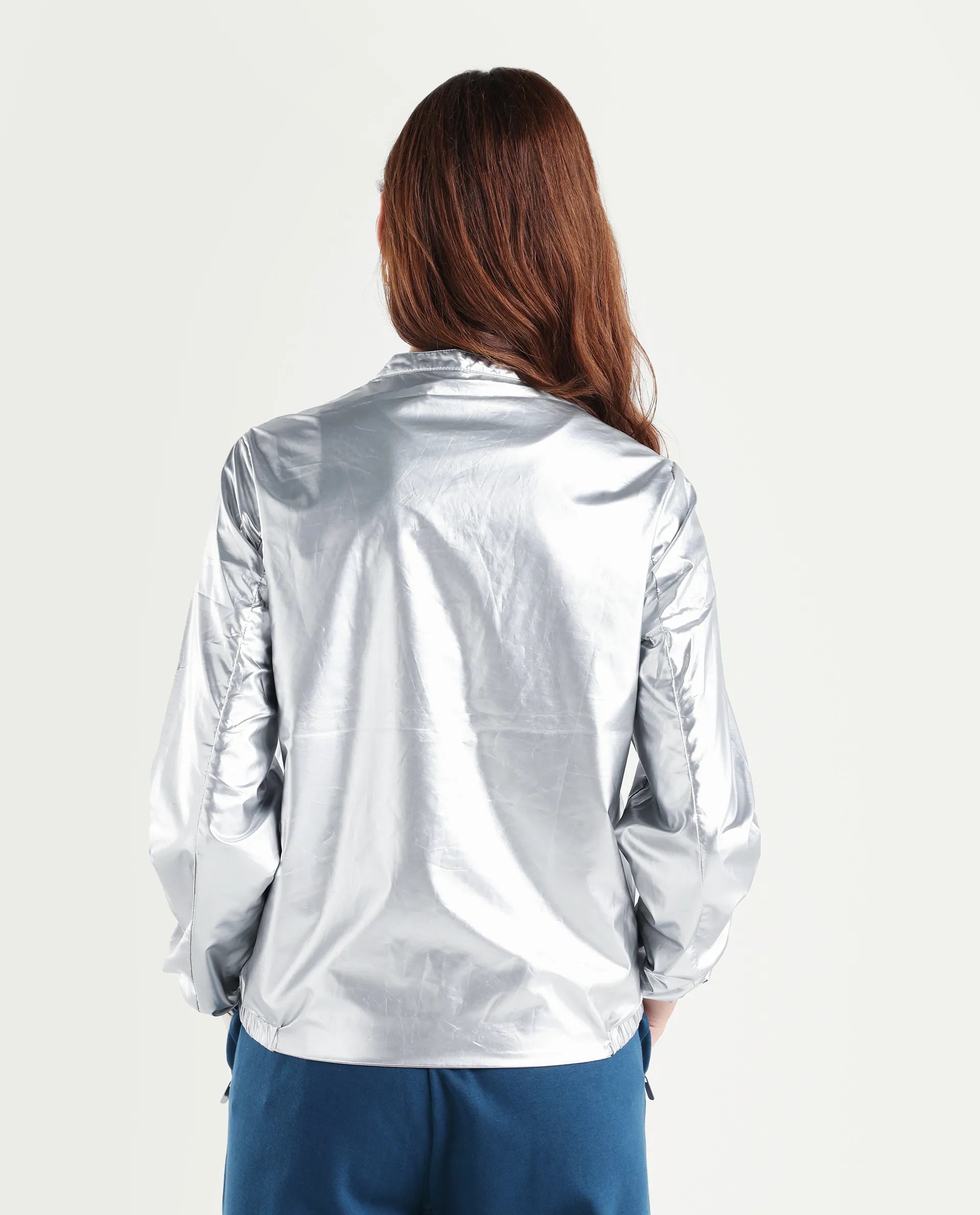 Rareism Women's Charlotte Silver Polyester Mandarin Collar Plain Regular Fit Jacket