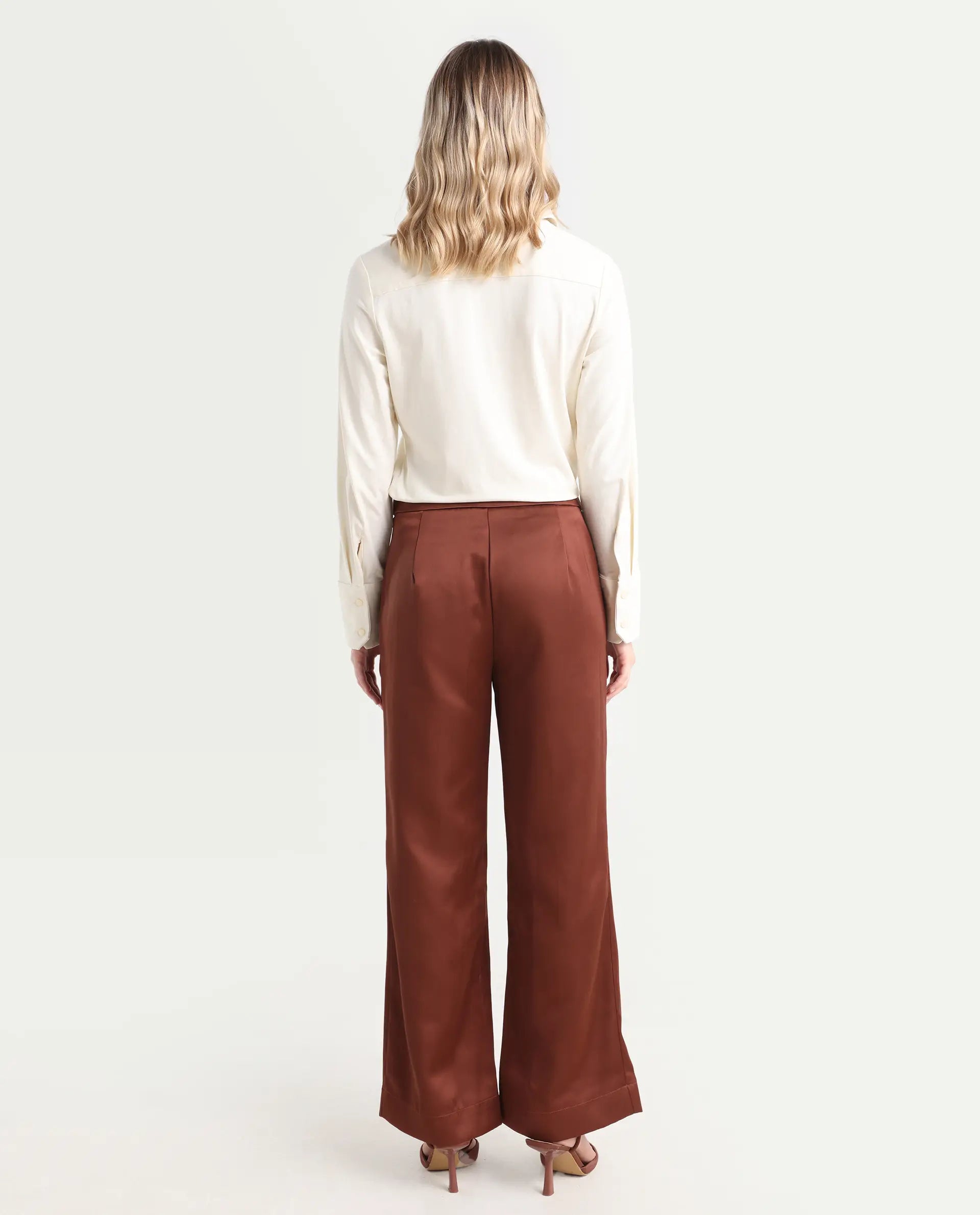 Rareism Women's Charo Brown Polyester Plain Ankle Length Tailored Trouser