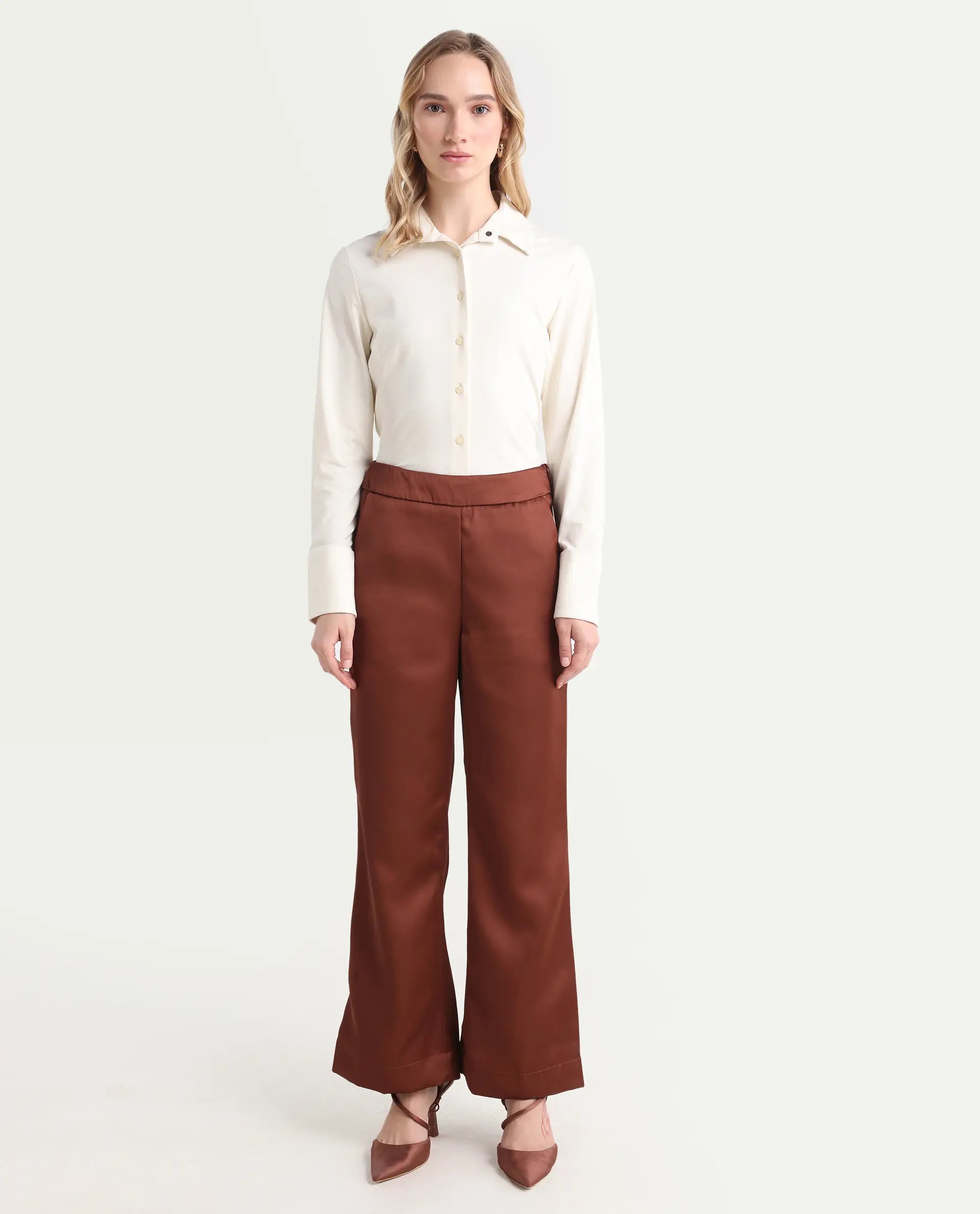 Rareism Women's Charo Brown Polyester Plain Ankle Length Tailored Trouser