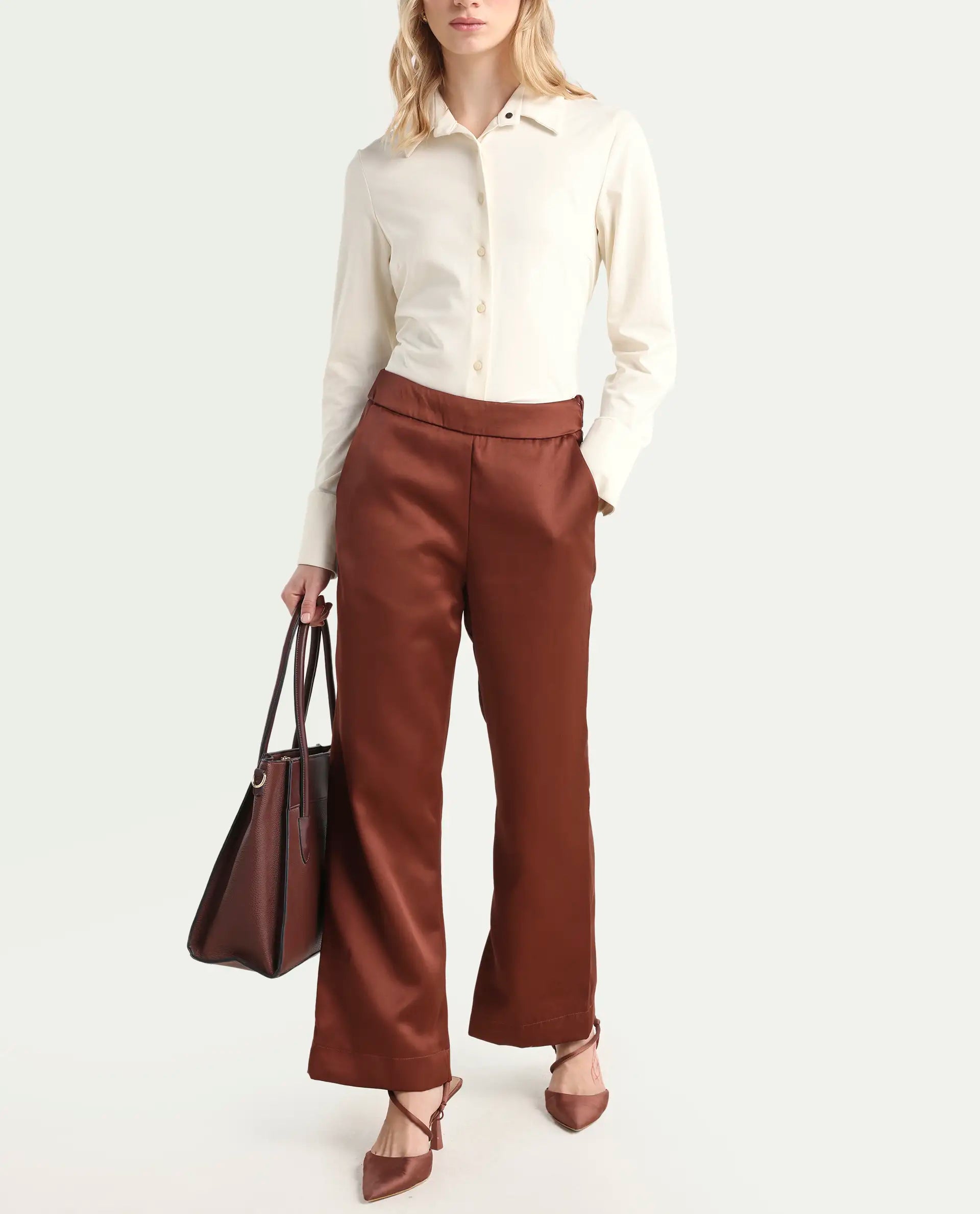 Rareism Women's Charo Brown Polyester Plain Ankle Length Tailored Trouser